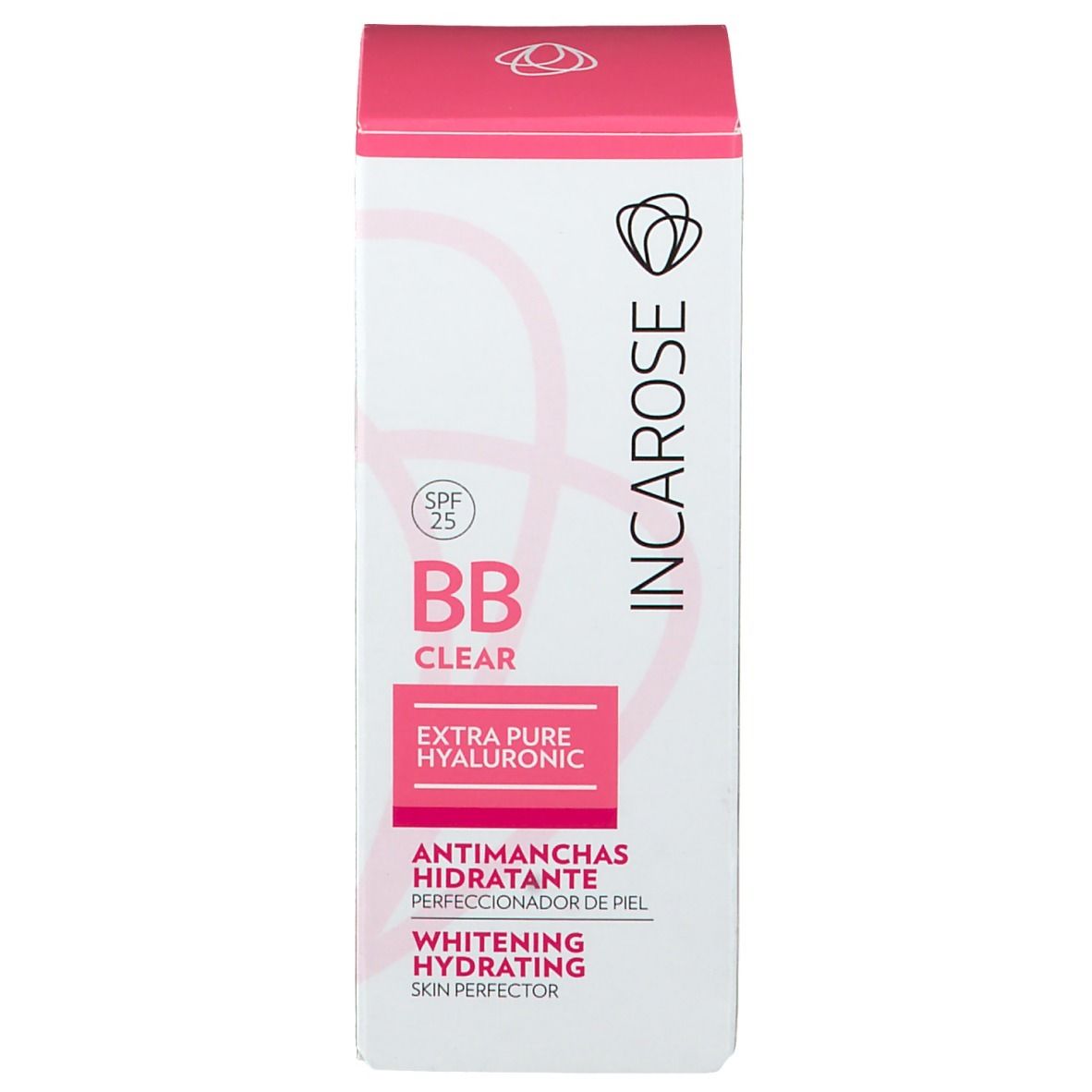 Emballage du produit. Blanc avec couvercle rose. Inscriptions: INCAROSE, BB Clear, Extra Pure Hyaluronic, SPF 25. Texte en italien et anglais.