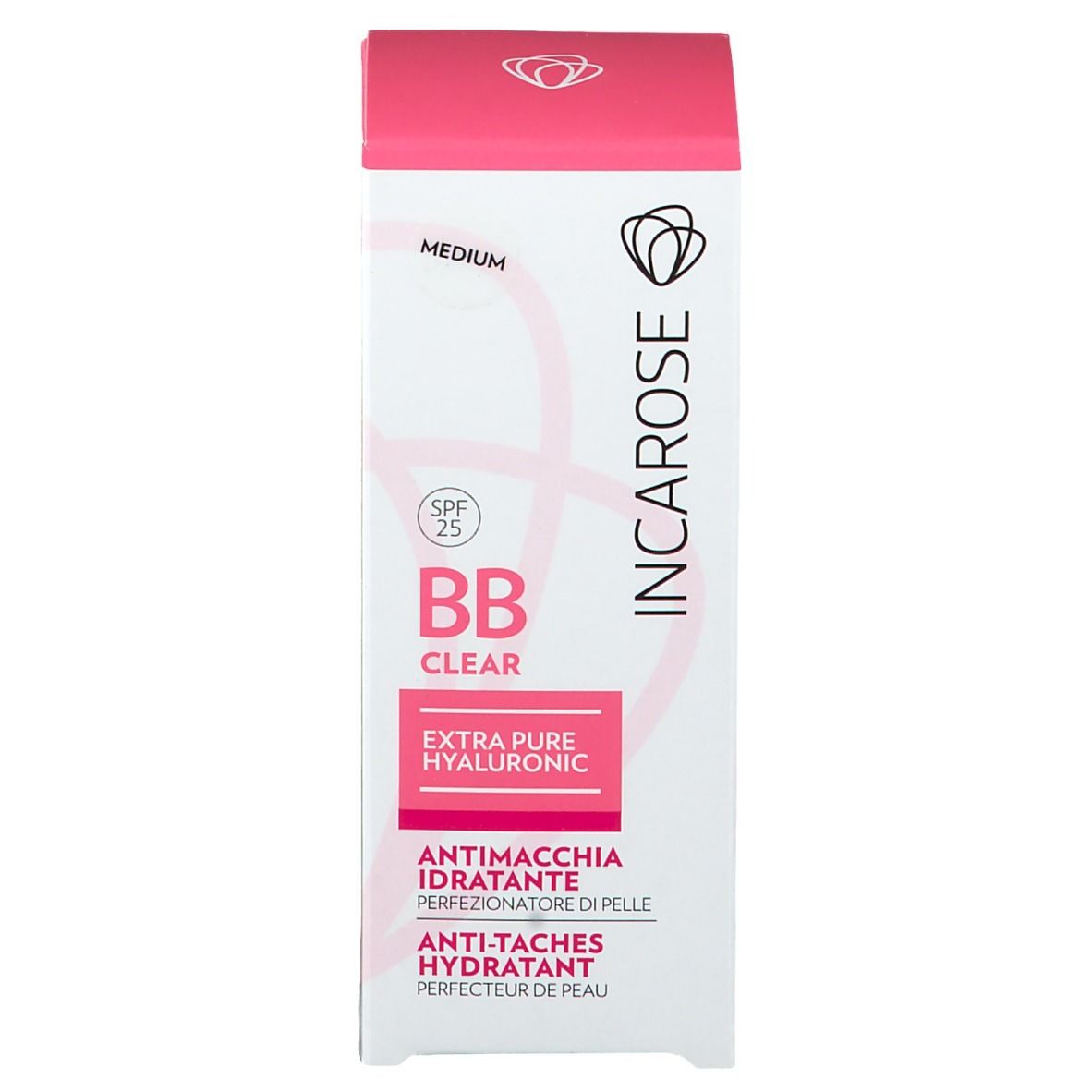 Emballage du produit. Blanc avec couvercle rose. Inscriptions: INCAROSE, BB Clear, Extra Pure Hyaluronic, SPF 25. Texte en italien et anglais.