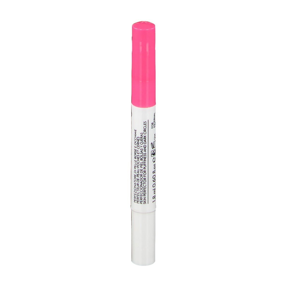 Stylo rose et blanc. Inscription: 1,8 ml 0,60 fl oz. Correcteur pour cernes et poches.