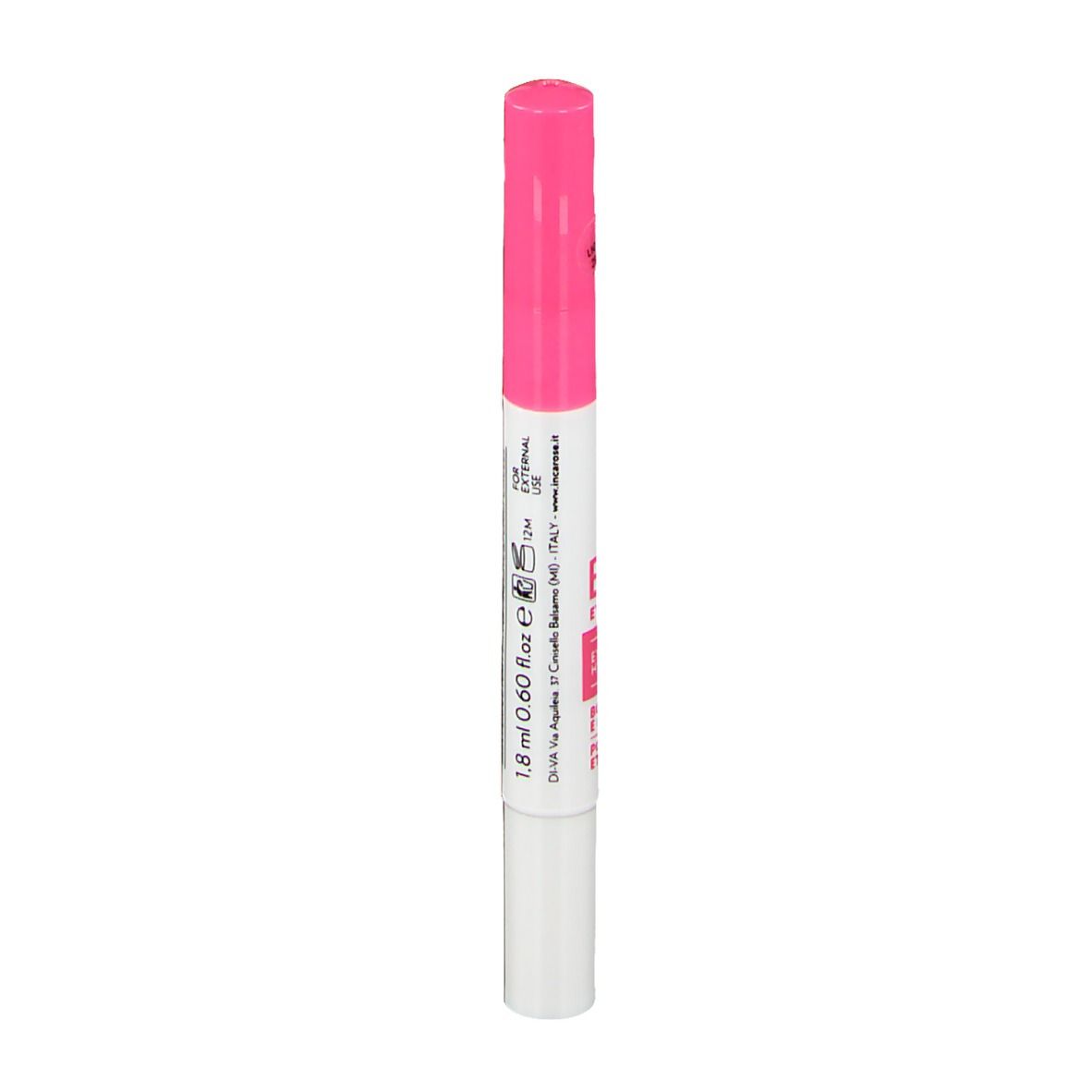 Stylo rose et blanc. Inscription: 1,8 ml 0,60 fl oz. Incarose. Pour cernes et poches.