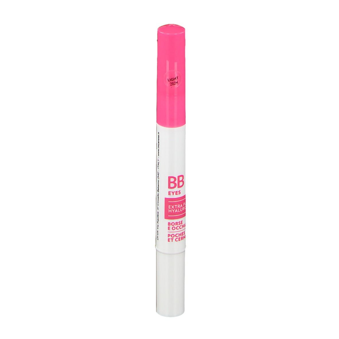 Stylo rose et blanc. Inscription: BB Eyes, Extra Pure Hyaluronic. Pour cernes et poches.