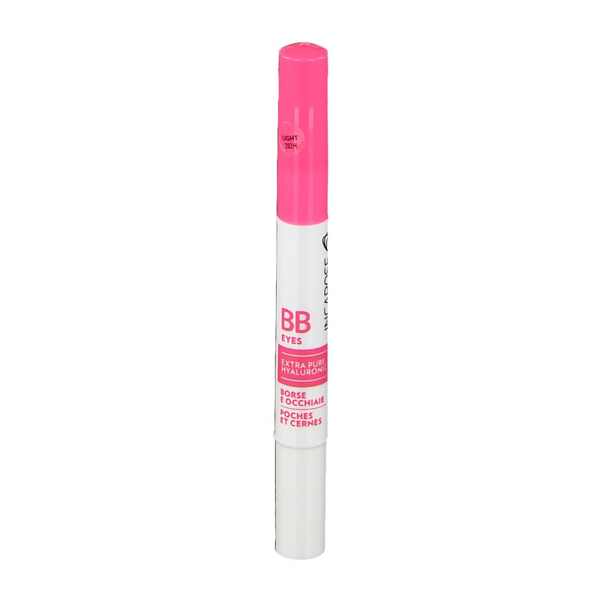 Stylo rose et blanc. Inscription: BB Eyes, Extra Pure Hyaluronic. Pour cernes et poches.