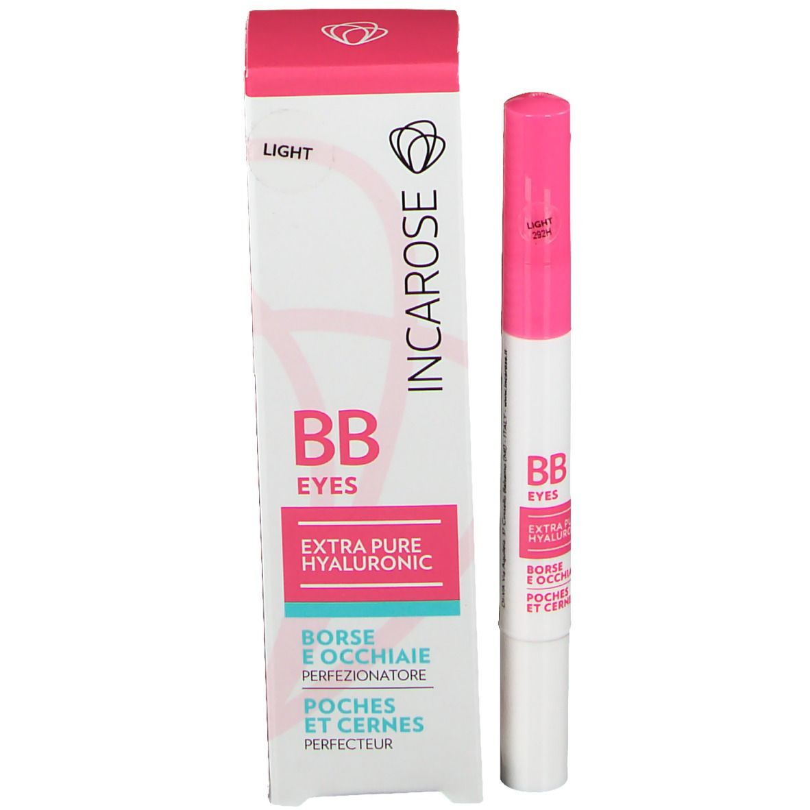 Emballage avec stylo. Inscription: Incarose, BB Eyes, Extra Pure Hyaluronic. Pour cernes et poches.
