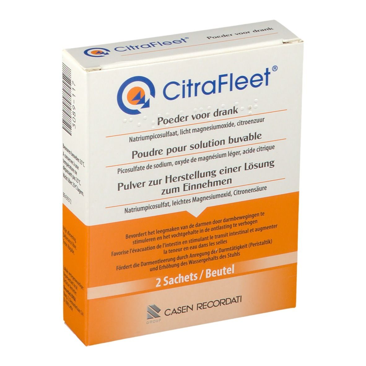 Boîte CitraFleet. Inscription: Poudre pour solution buvable. Contient 2 sachets. Emballage orange et blanc.