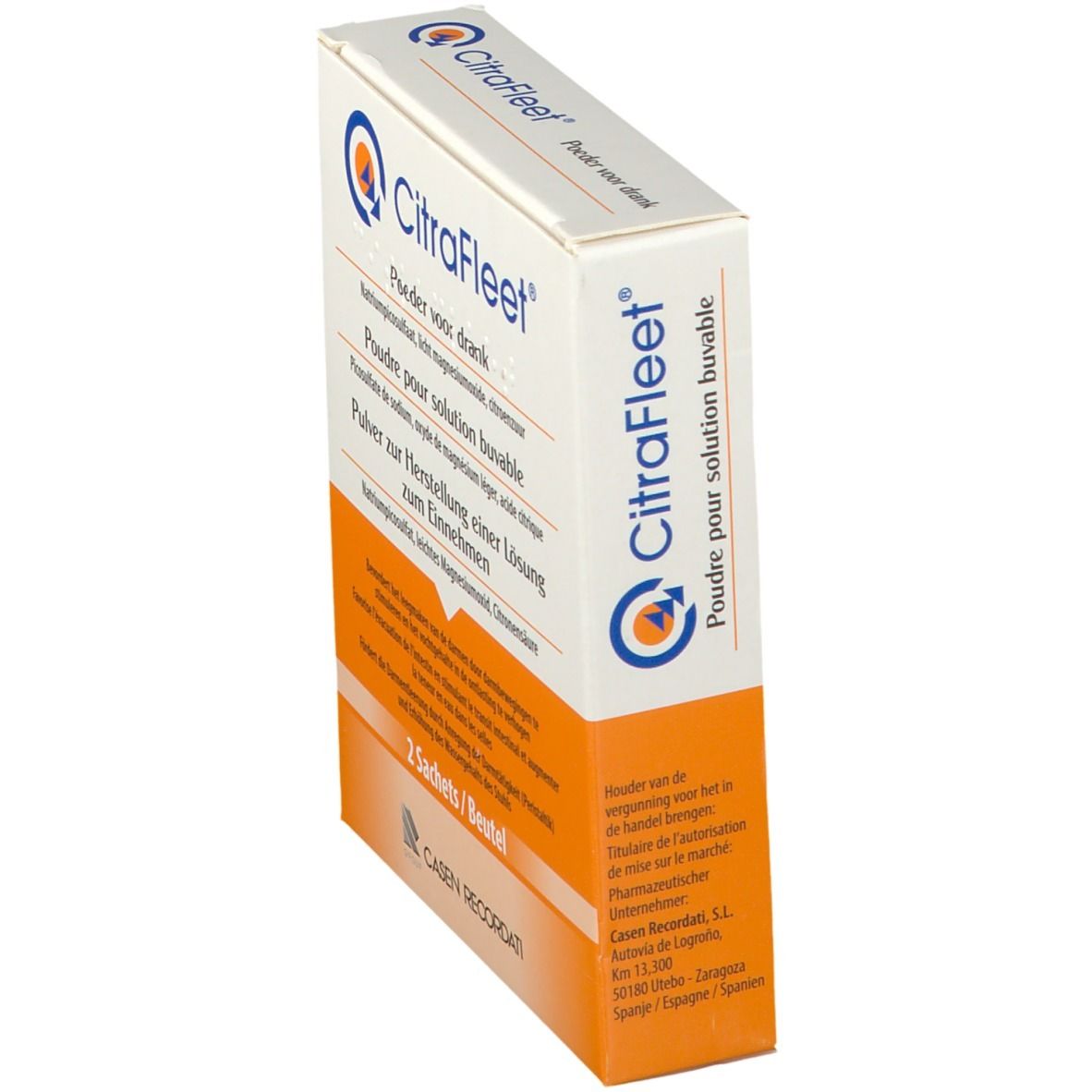 Emballage CitraFleet en biais. Inscription: Poudre pour solution buvable. Contient 2 sachets. Emballage orange et blanc.