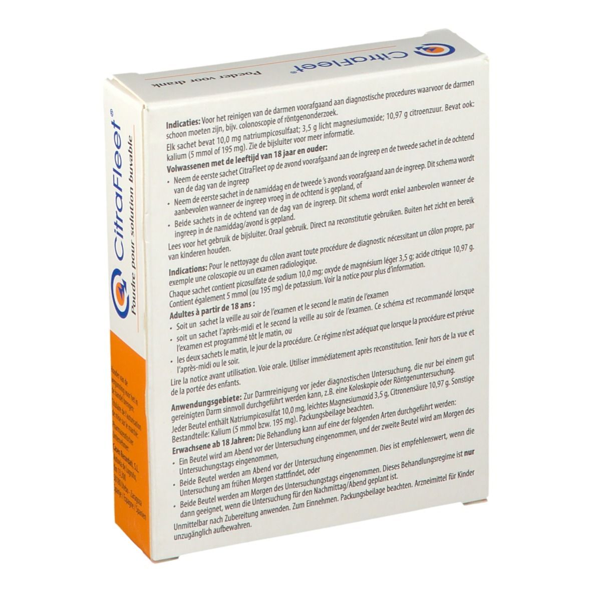 Dos de l'emballage CitraFleet. Texte multilingue. Contient des informations sur l'utilisation et les ingrédients.