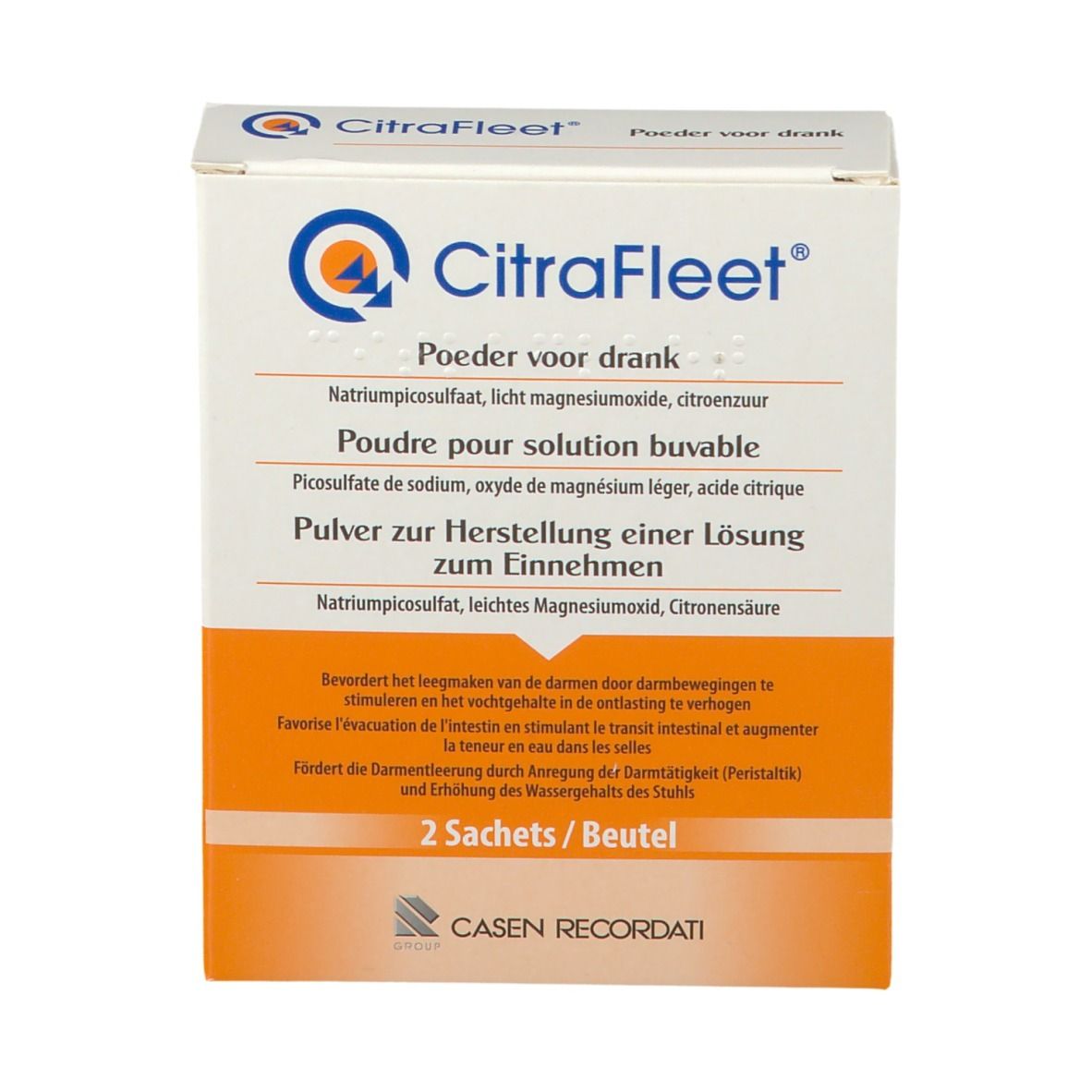 Emballage CitraFleet. Inscription: Poudre pour solution buvable. Contient 2 sachets. Emballage orange et blanc.