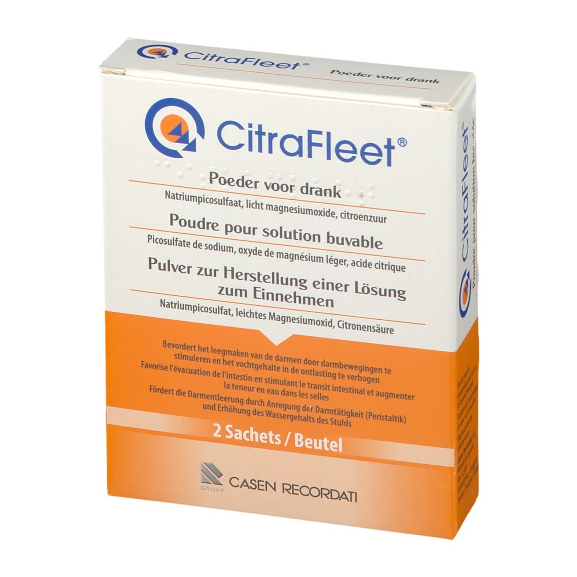 Emballage CitraFleet. Inscription: Poudre pour solution buvable. Contient 2 sachets. Emballage orange et blanc.