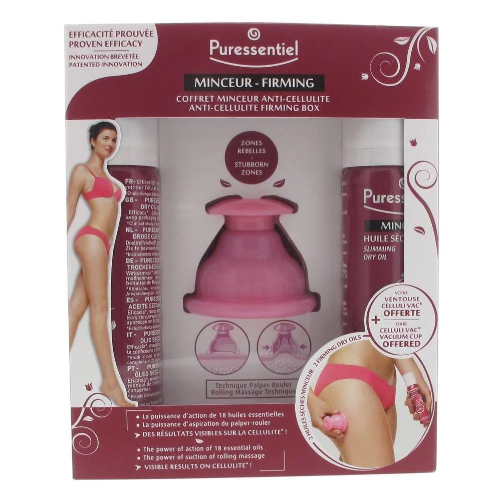Coffret anti-cellulite. Contient deux flacons, un masseur et une ventouse. Emballage avec nom du produit et illustration.
