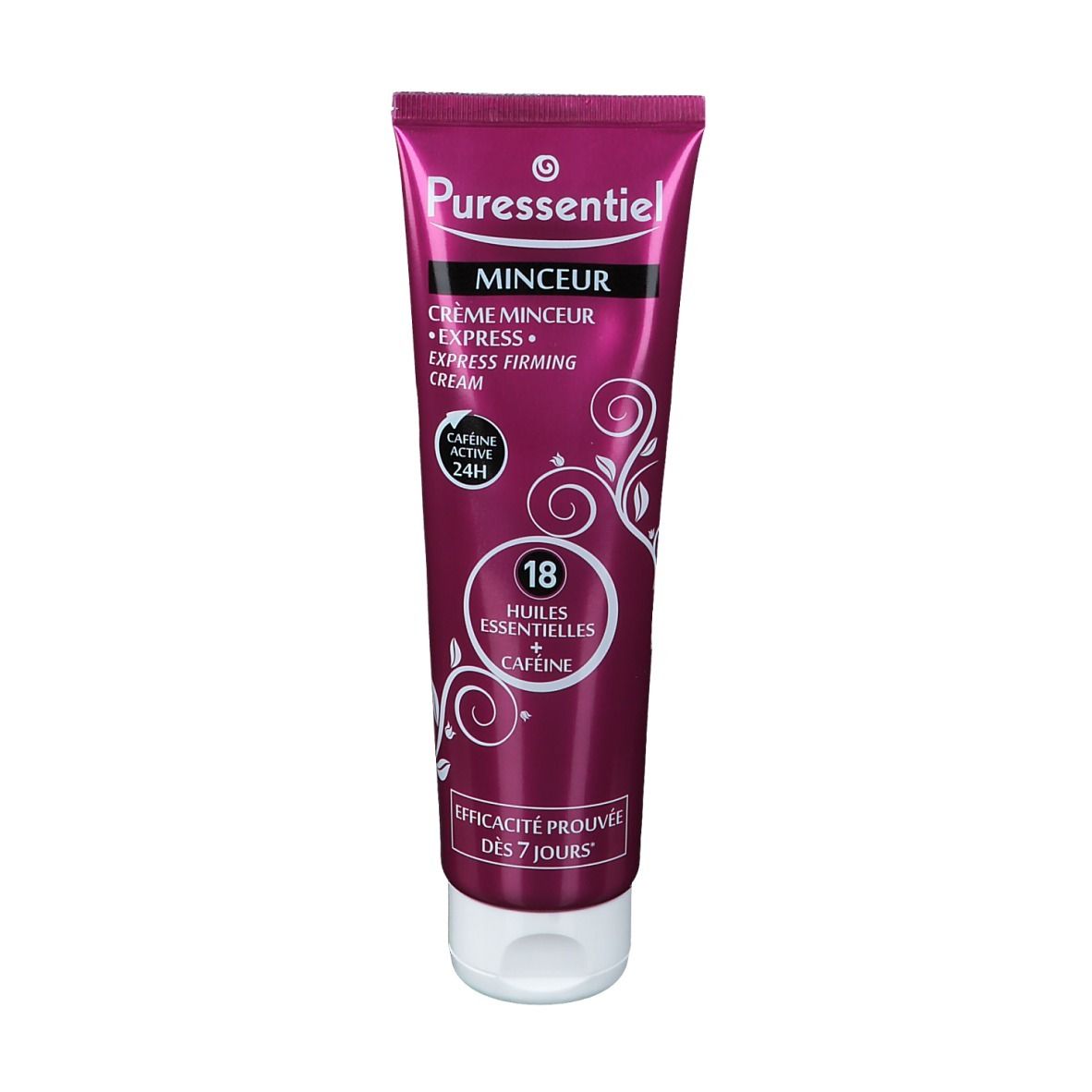 Tube rose et blanche avec nom du produit et ingrédients. Inscription : 18 huiles essentielles + caféine. Certification visible.