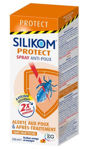 Boîte avec logo et nom du produit. Design orange avec illustration d'un pou. Texte: Spray anti-poux.