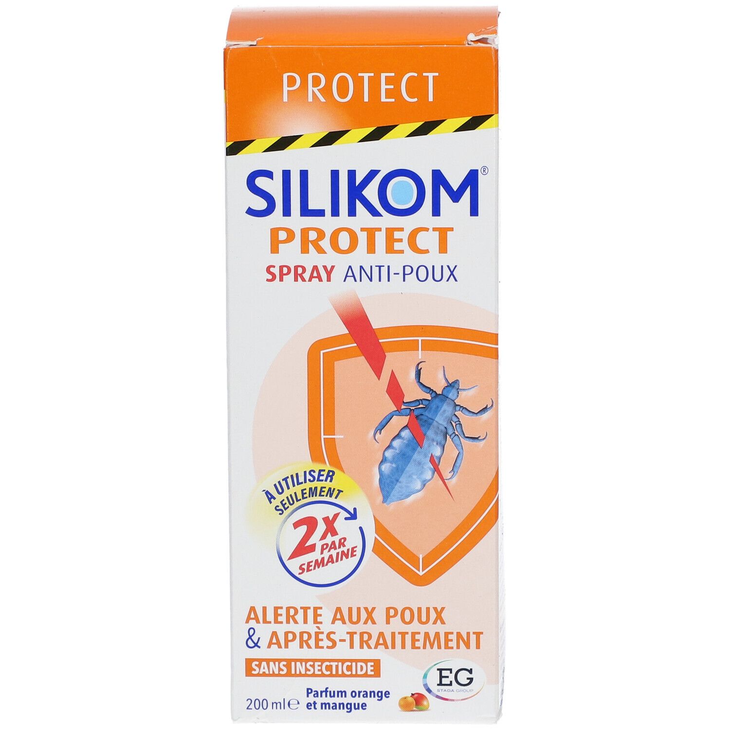 Verpakking met logo en productnaam. Oranje design met illustratie van een luis. Tekst: Anti-luizenspray.