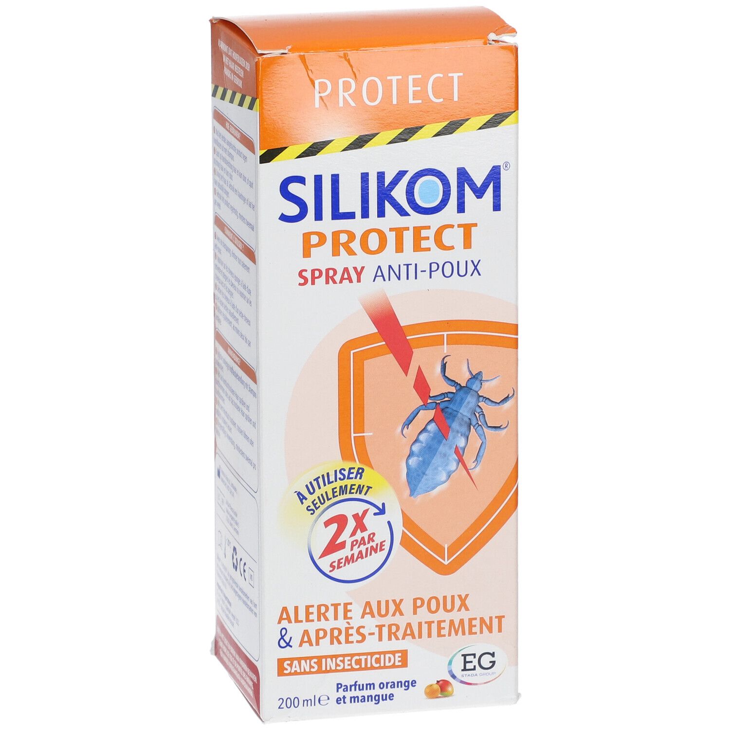 Verpakking met logo en productnaam. Oranje design met illustratie van een luis. Tekst: Anti-luizenspray.