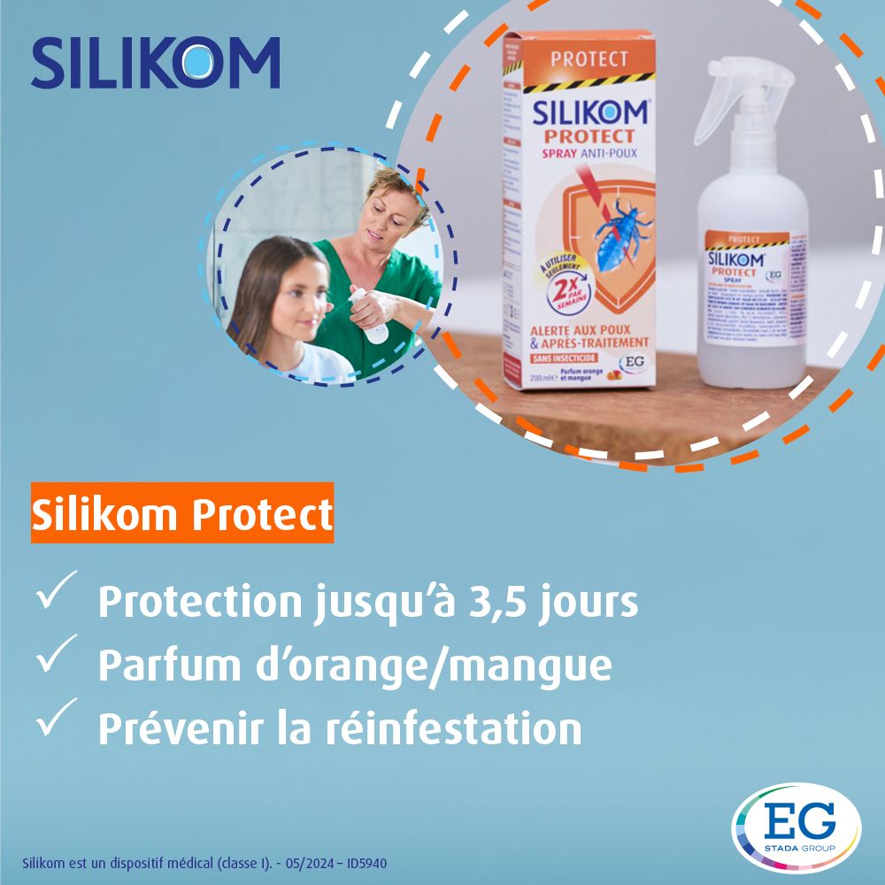 Publicité avec produit et texte. Produit: Spray. Texte: Protection jusqu'à 3,5 jours, parfum orange/mangue, prévenir la réinfestation.