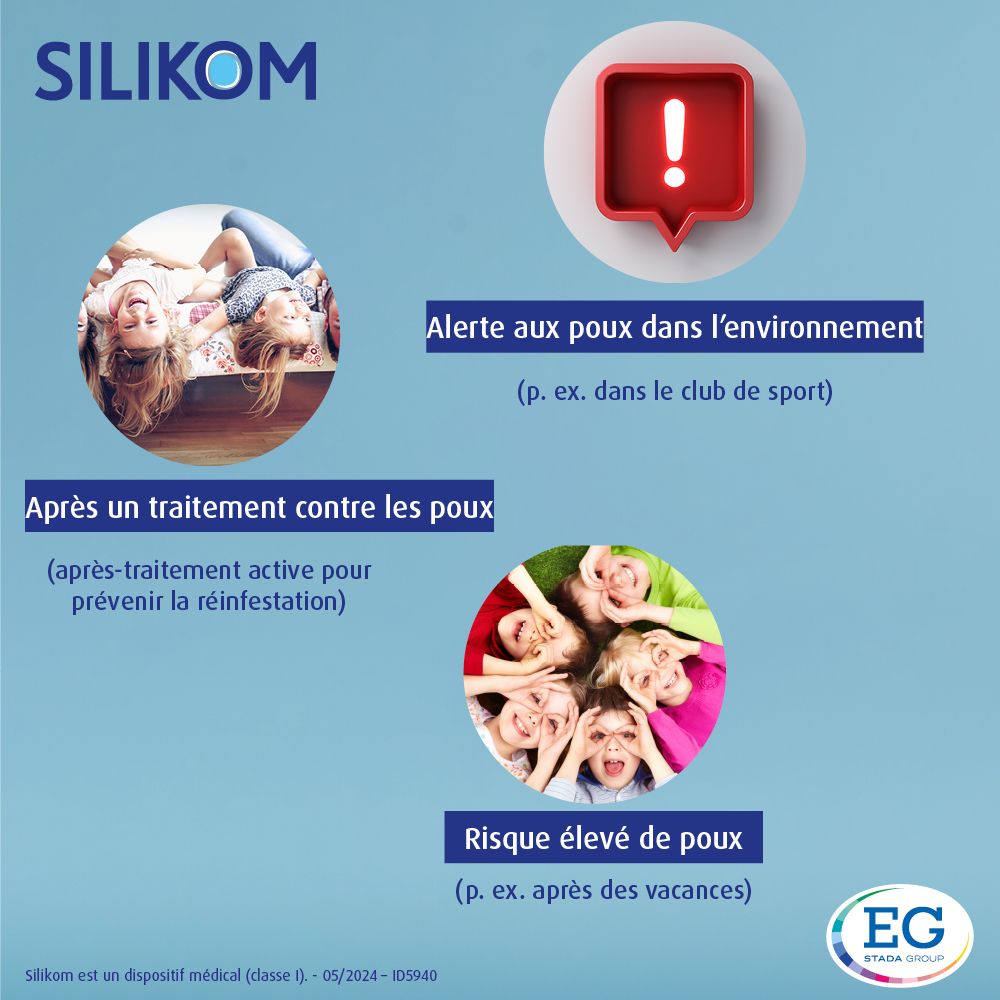 Publicité avec texte et illustrations. Thèmes: Poux dans l'environnement, après-traitement, risque élevé de poux.