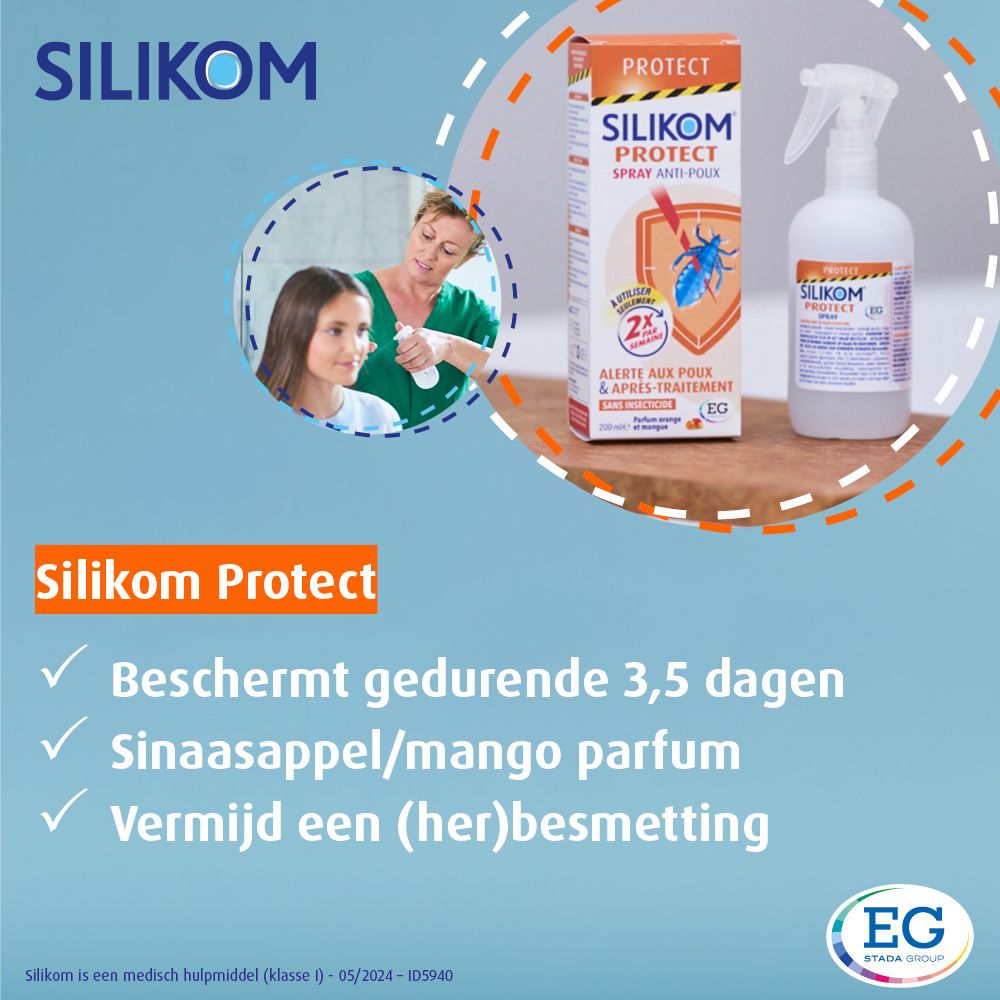 Reclamebeeld met product en tekst. Product: Spray. Tekst: Beschermt 3,5 dagen, sinaasappel/mango parfum, voorkomt herbesmetting.