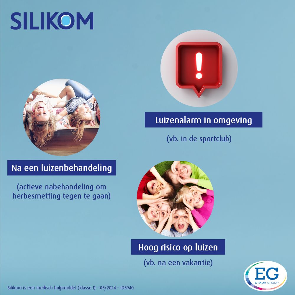 Reclamebeeld met tekst en illustraties. Thema's: Luizen in omgeving, nabehandeling, hoog risico op luizen.