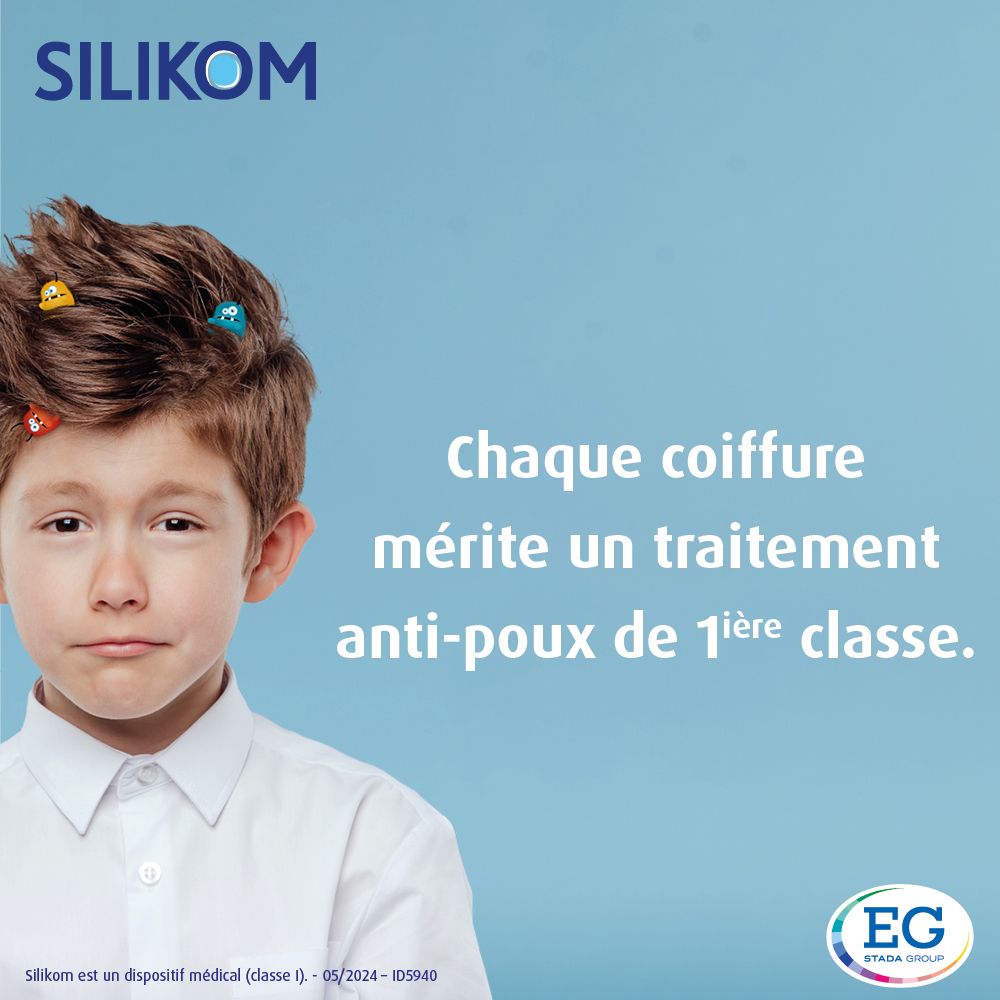 Garçon avec épingles à cheveux. Texte: Chaque coiffure mérite un traitement anti-poux de 1ère classe.