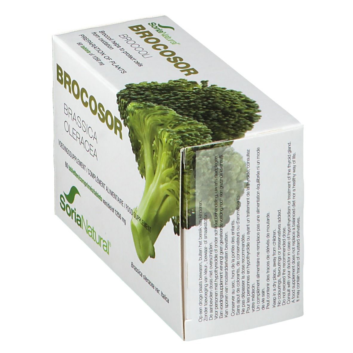 Boîte de comprimés Brocosor en biais. Image de brocoli. Logo Soria Natural. Texte multilingue.