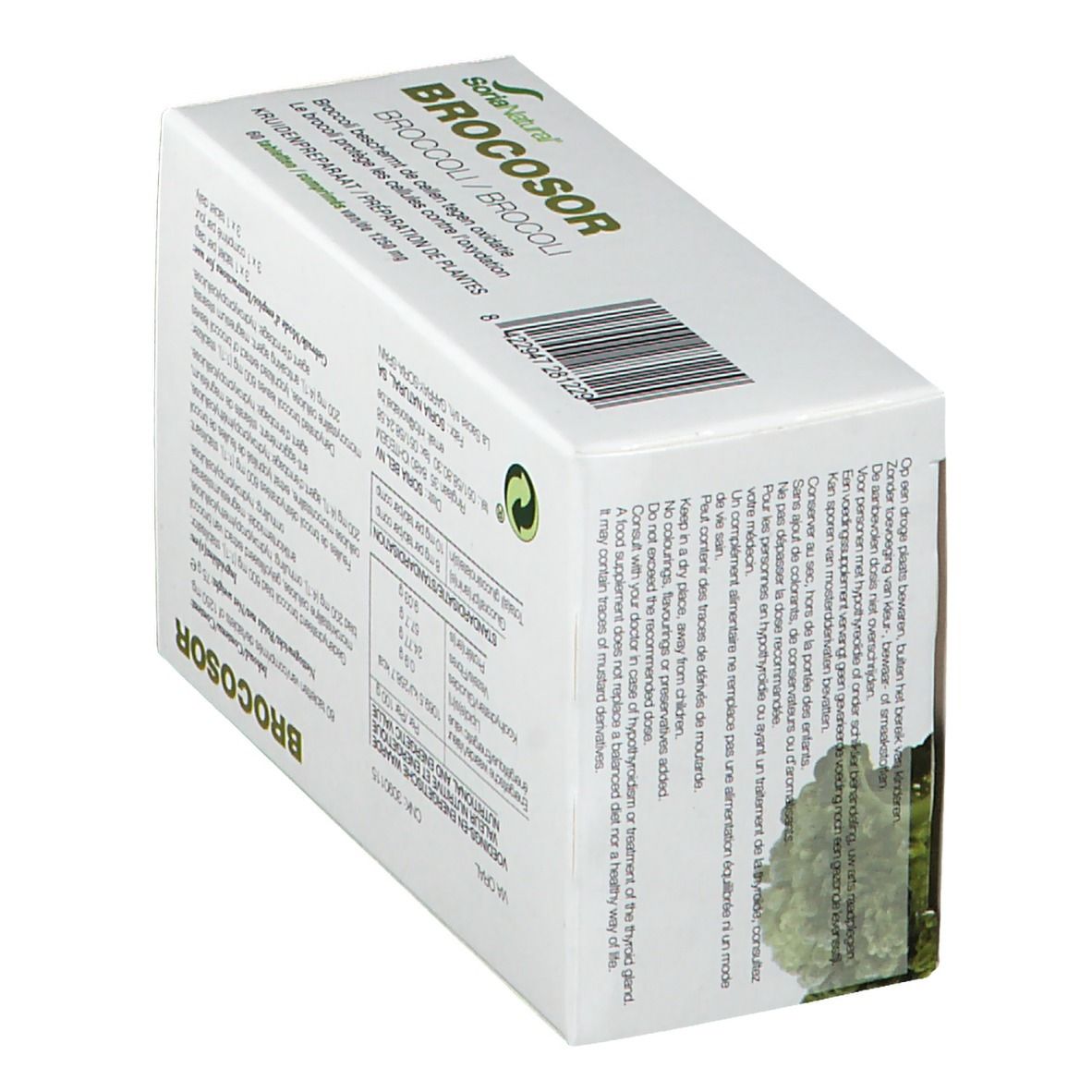 Boîte de comprimés Brocosor en biais. Dos avec texte. Image de brocoli. Logo Soria Natural.