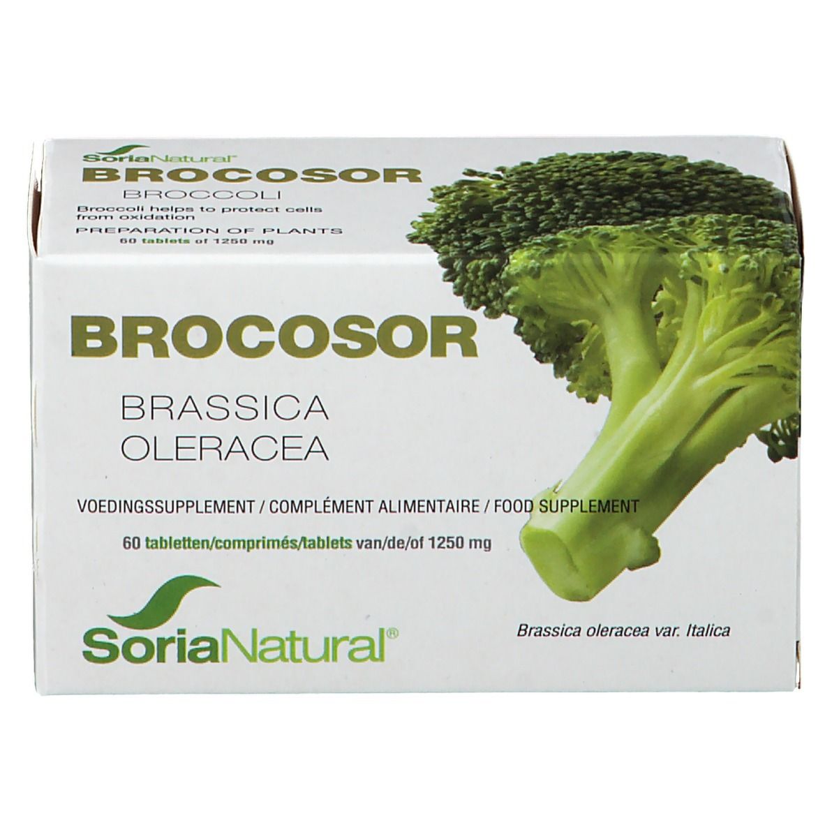 Boîte de comprimés Brocosor avec brocoli. Contient 60 comprimés. Logo Soria Natural.