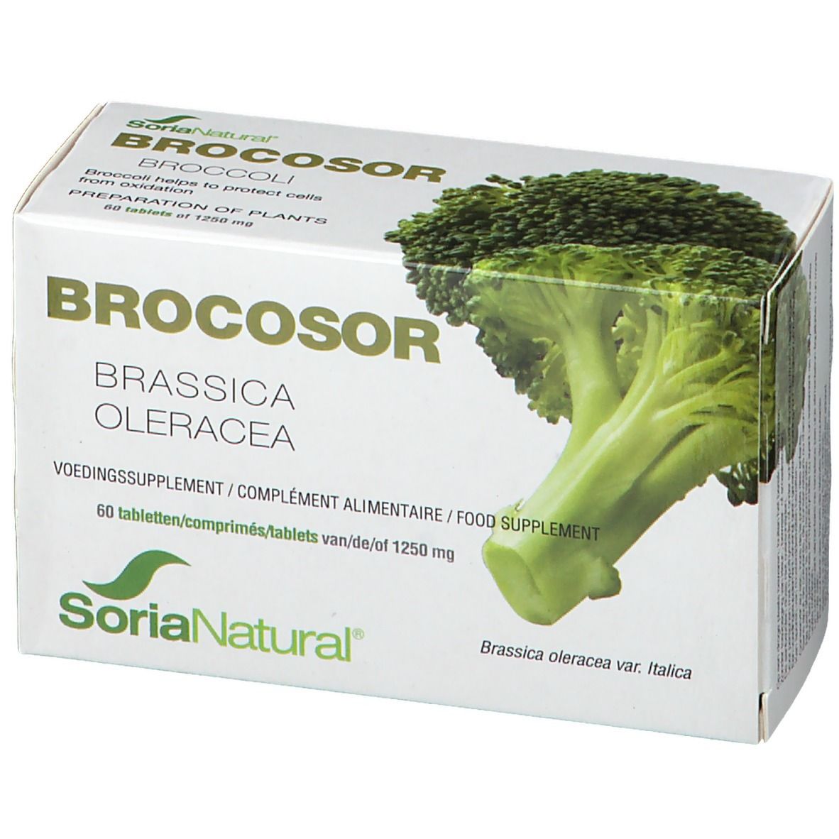 Boîte de comprimés Brocosor avec brocoli. Contient 60 comprimés. Logo Soria Natural.