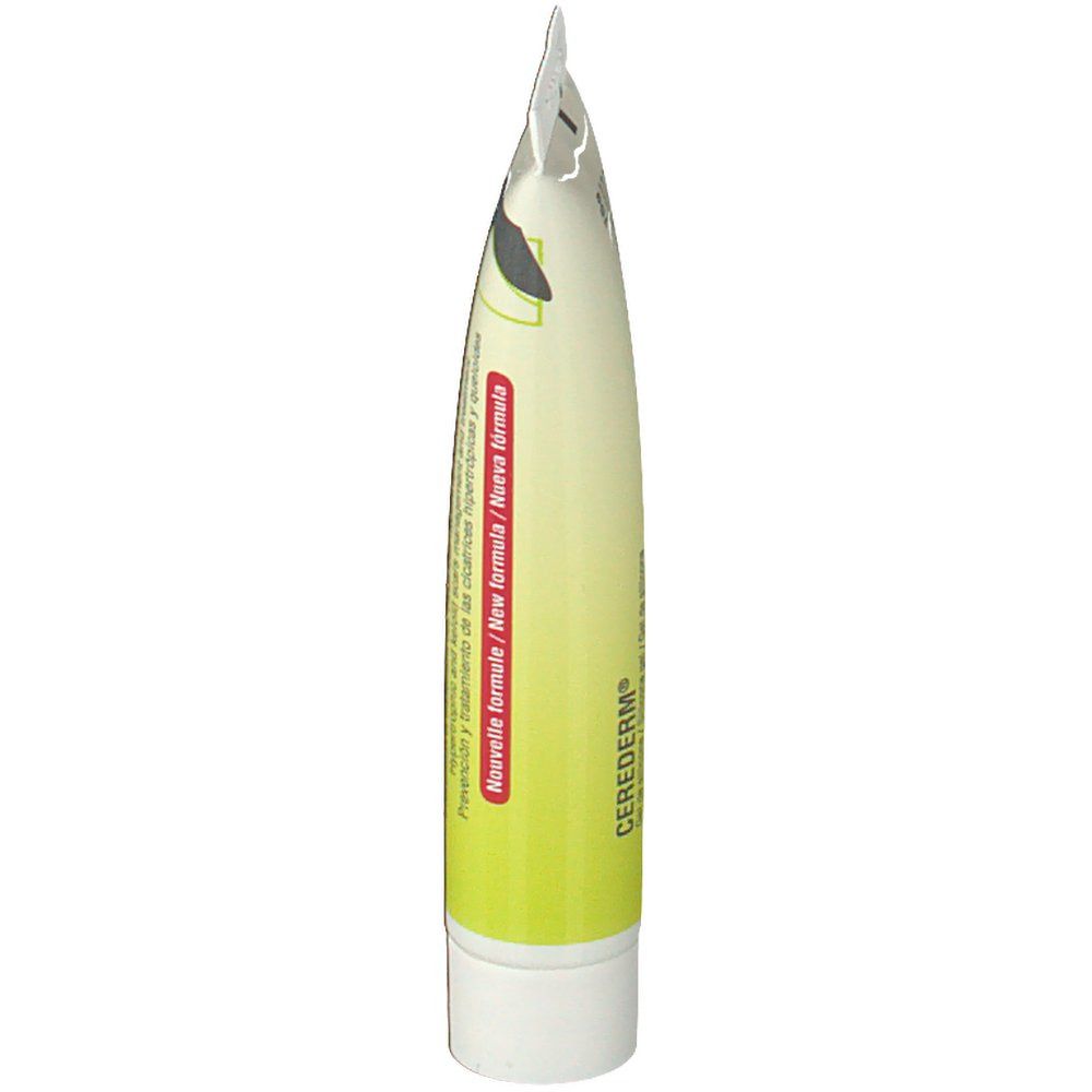Seitenansicht des Cerederm Gel-Tubes. Aufschrift: Cerederm Gel. Grün-weißes Design. Roter Streifen mit Text.