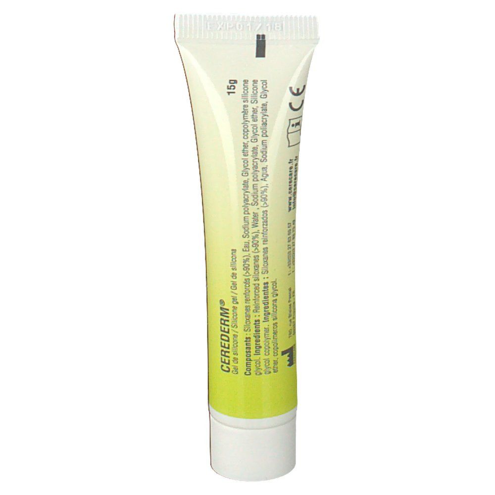 Tube mit Cerederm Gel. Aufschrift: Cerederm Gel. Inhaltsstoffe und Details. Weißer Hintergrund.