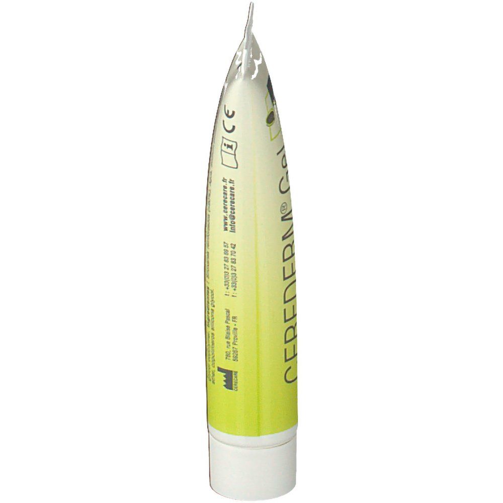 Seitenansicht des Cerederm Gel-Tubes. Aufschrift: Cerederm Gel. Details und Kontaktinformationen. Weißer Hintergrund.