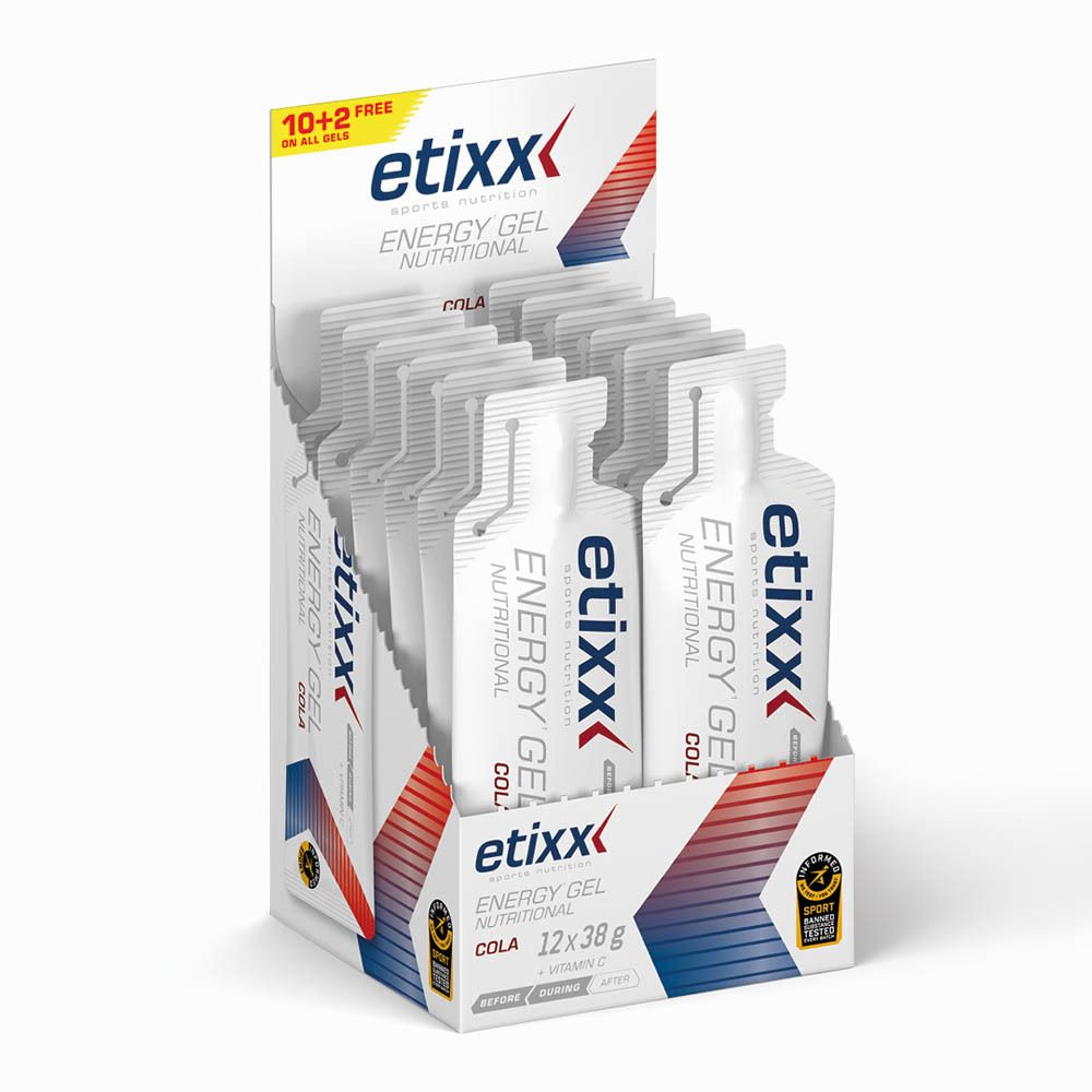 Etixx Energy Gel Cola display met sachets. Logo en tekst. 12x38g. 10+2 gratis.