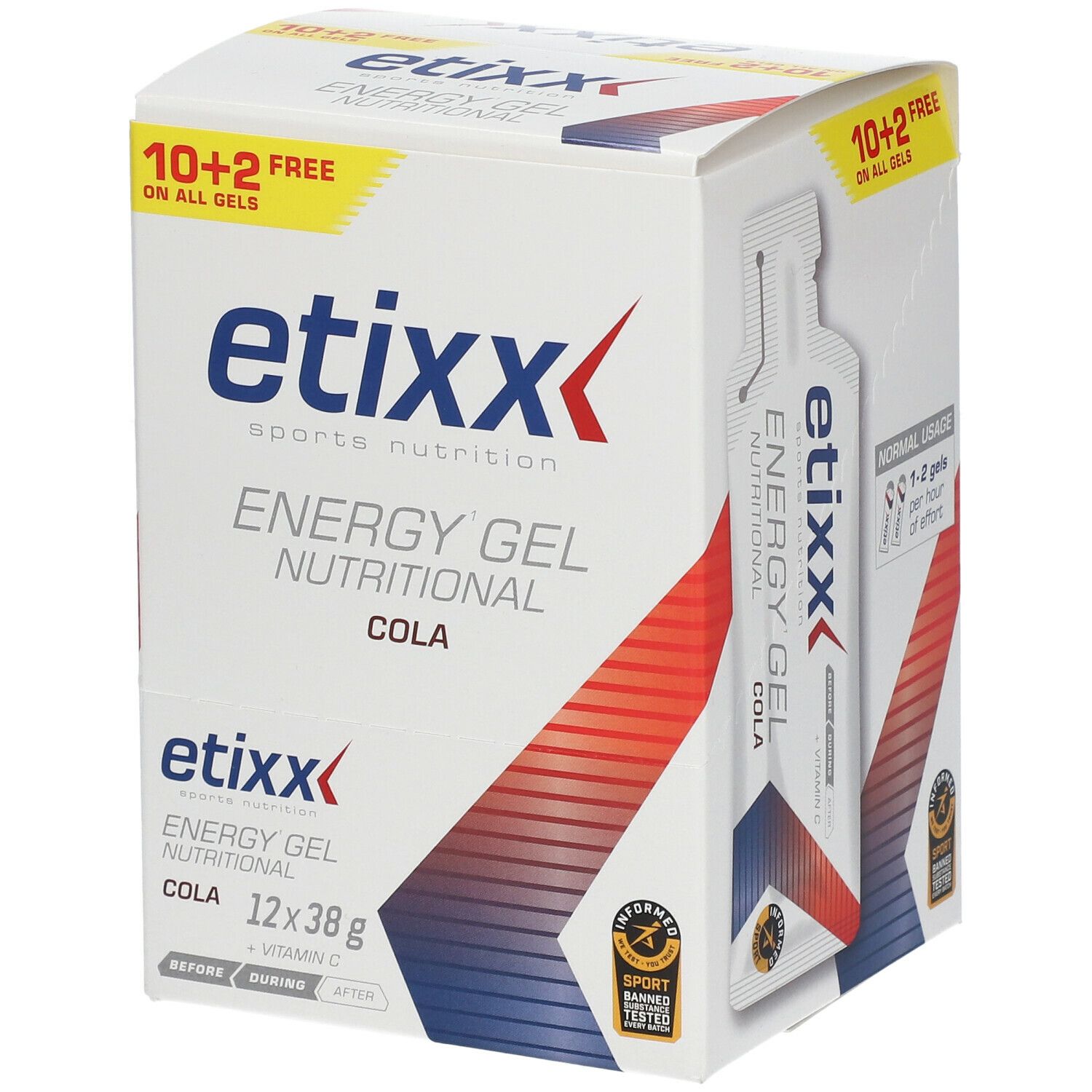 Boîte Etixx Energy Gel Cola, 12x38g. Carton blanc avec logo et texte. Promotion 10+2 gratuits.