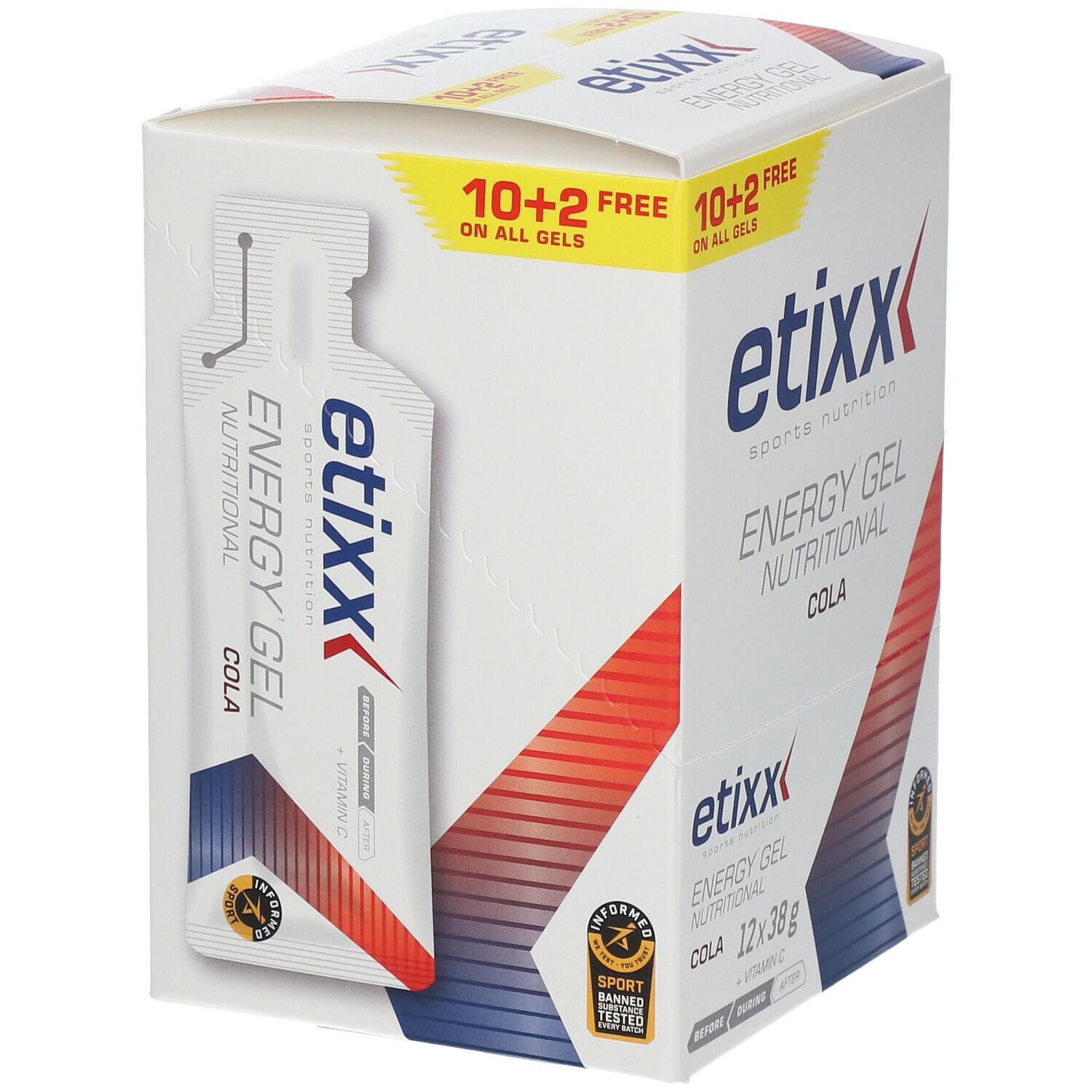 Sachet Etixx Energy Gel Cola. Sachet blanc avec logo et texte. Promotion 10+2 gratuits.