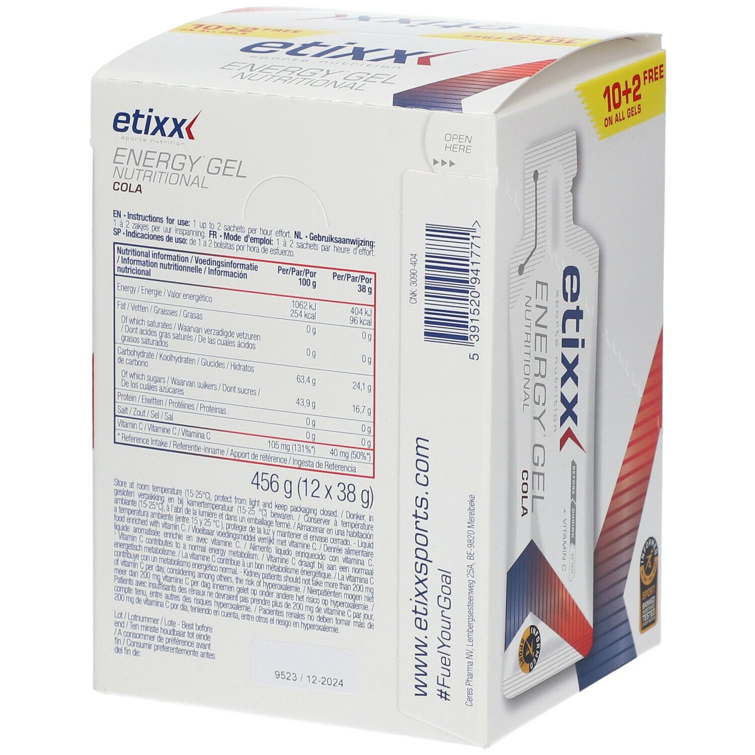 Dos de la boîte Etixx Energy Gel Cola. Informations nutritionnelles, texte multilingue, code-barres. 12x38g.