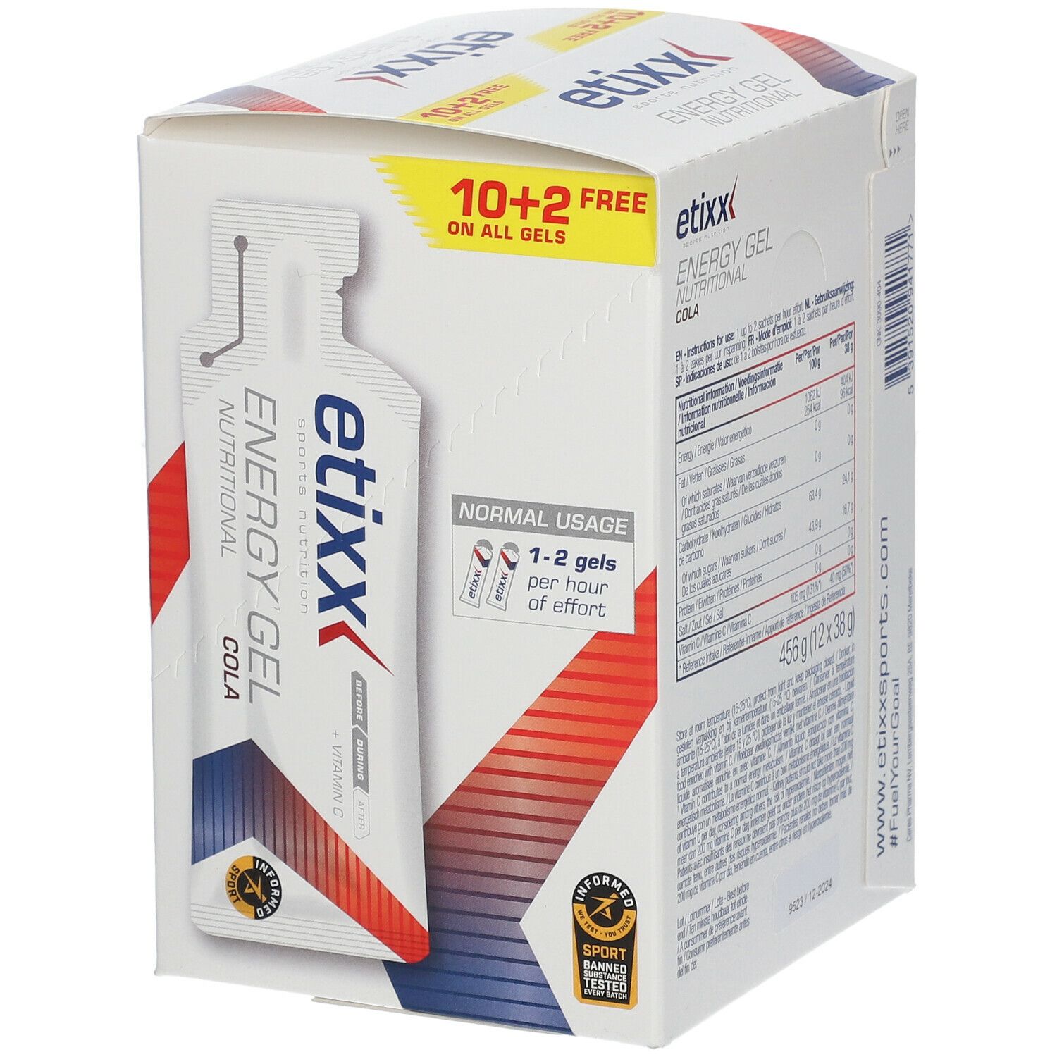 Boîte Etixx Energy Gel Cola avec sachet. Informations nutritionnelles, texte multilingue. 1-2 gels par heure.