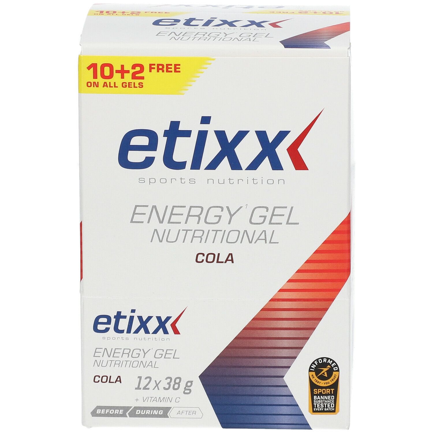 Boîte Etixx Energy Gel Cola. Carton blanc avec logo et texte. 12x38g. Vitamine C.