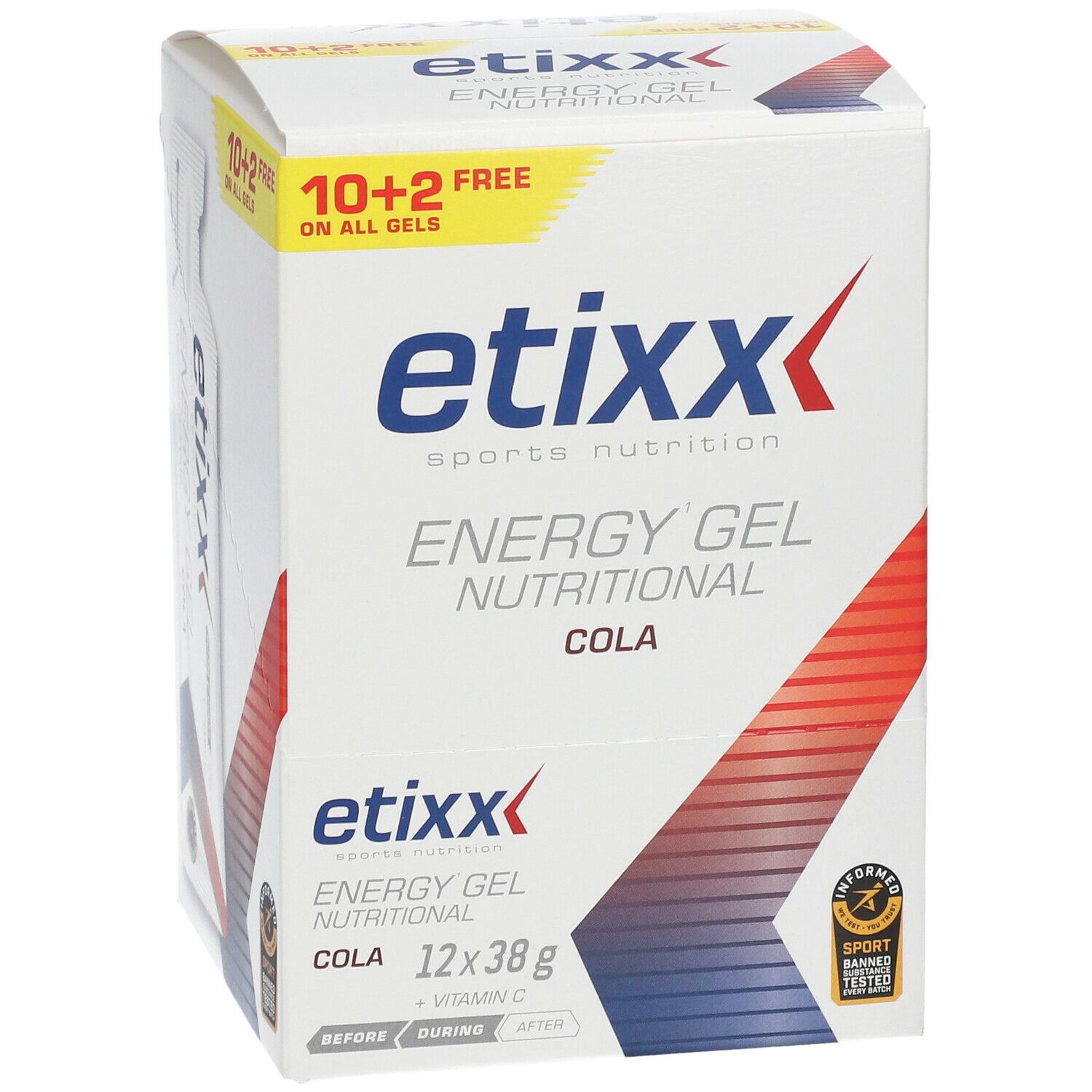 Boîte Etixx Energy Gel Cola. Carton blanc avec logo et texte. Promotion 10+2 gratuits. 12x38g.