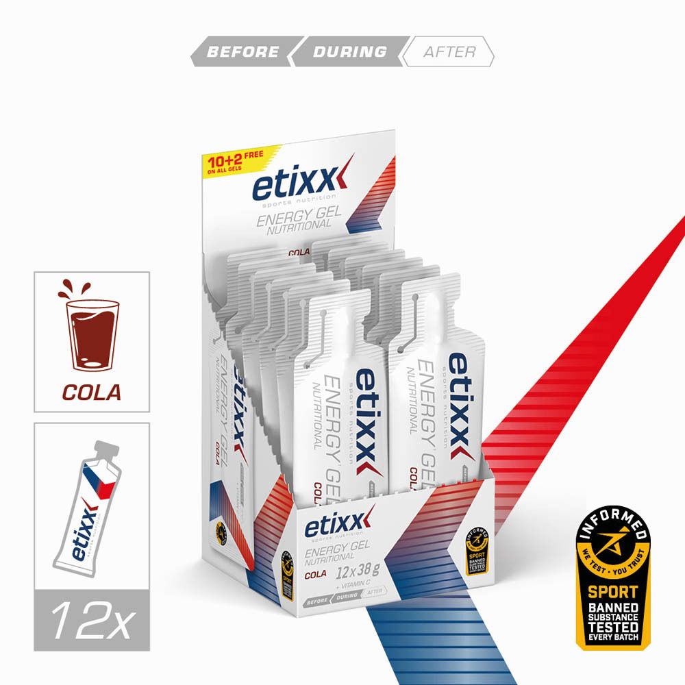 Etixx Energy Gel Cola display met sachets. Logo en tekst. 12x. Voor, tijdens, na.