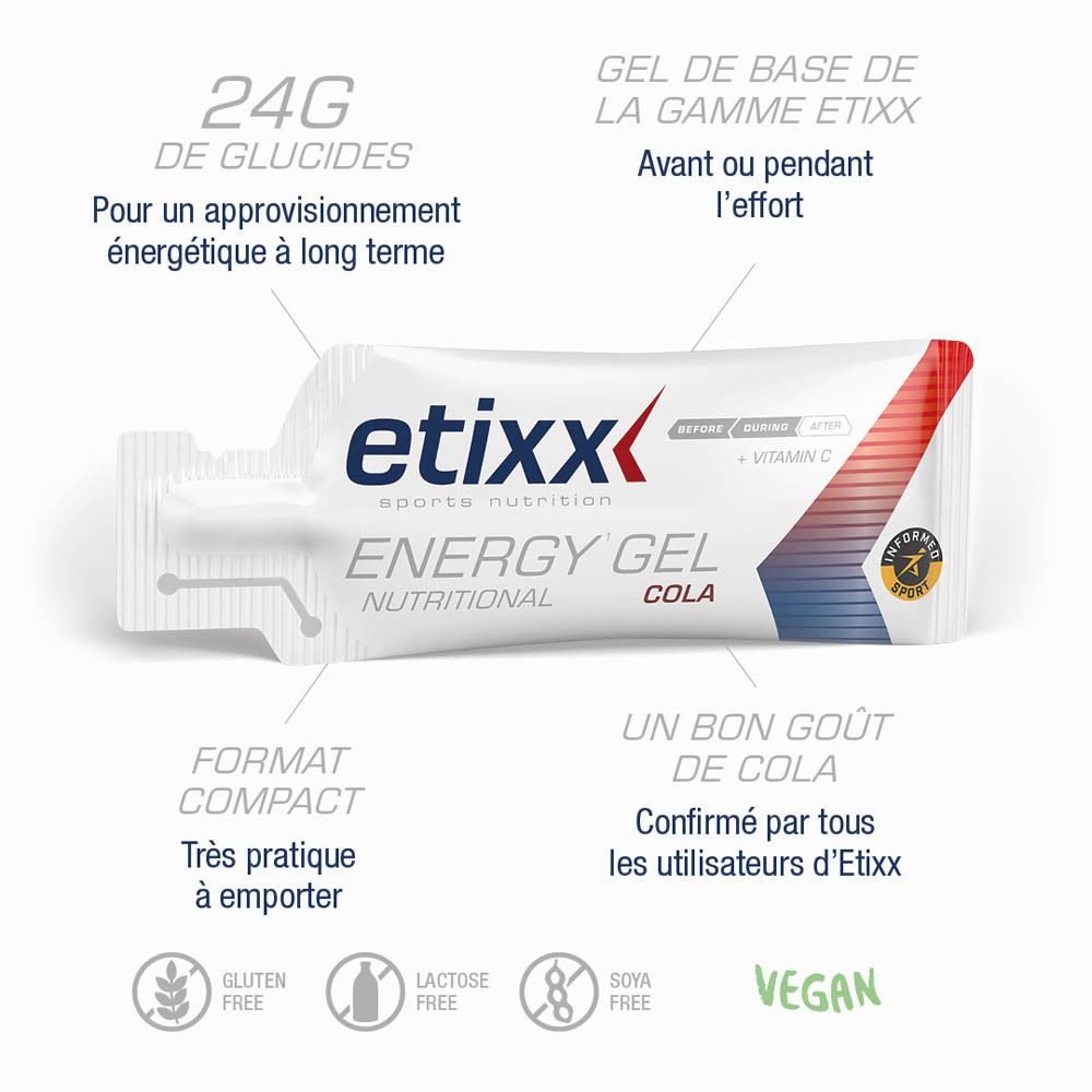 Sachet Etixx Energy Gel Cola. Logo et texte. Sans gluten, sans lactose, vegan.