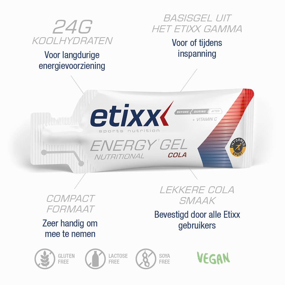 Etixx Energy Gel Cola sachet. Logo en tekst. Glutenvrij, lactosevrij, vegan.