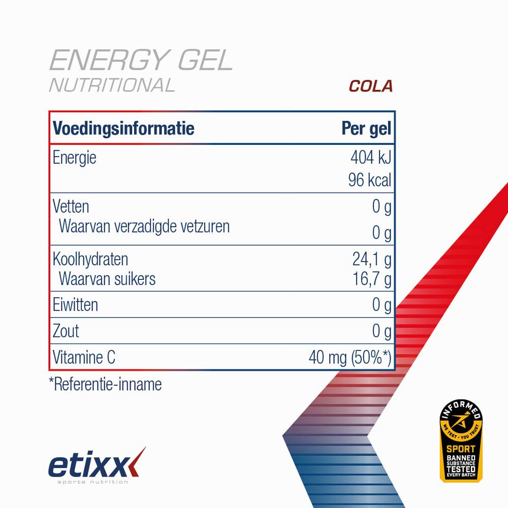 Voedingstabel Etixx Energy Gel Cola. Energie, vetten, koolhydraten, suikers, eiwitten, zout, vitamine C.