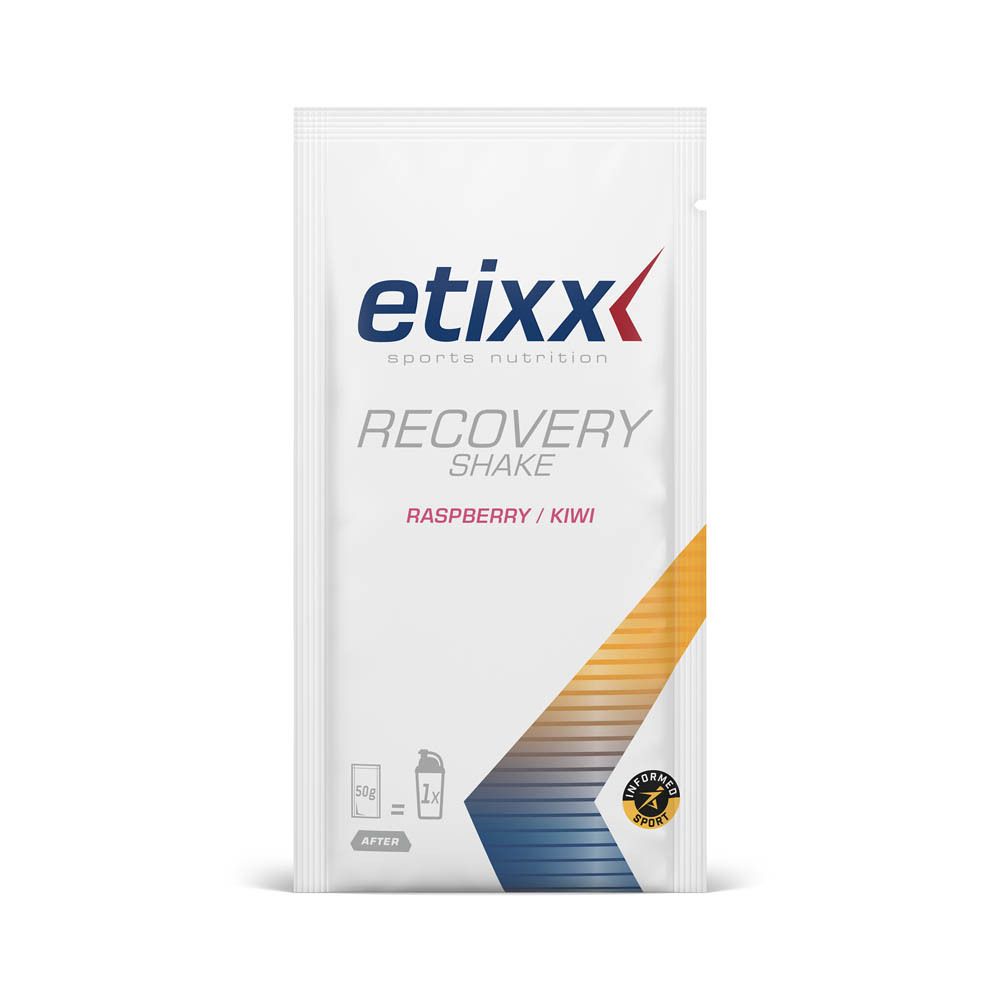 Sachet individuel Etixx Recovery Shake Framboise/Kiwi. Sachet blanc avec logo et nom du produit.