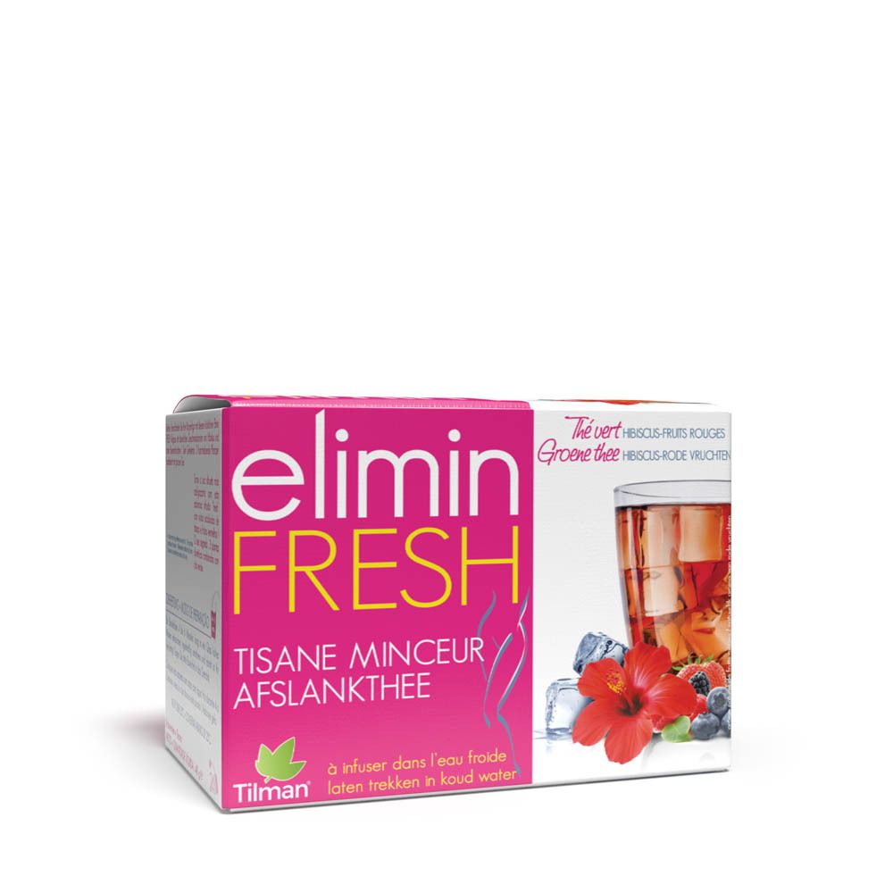 Boîte rose avec logo "elimin FRESH". Contient du thé avec hibiscus et fruits rouges. Image d'une boisson avec glaçons et fleurs.