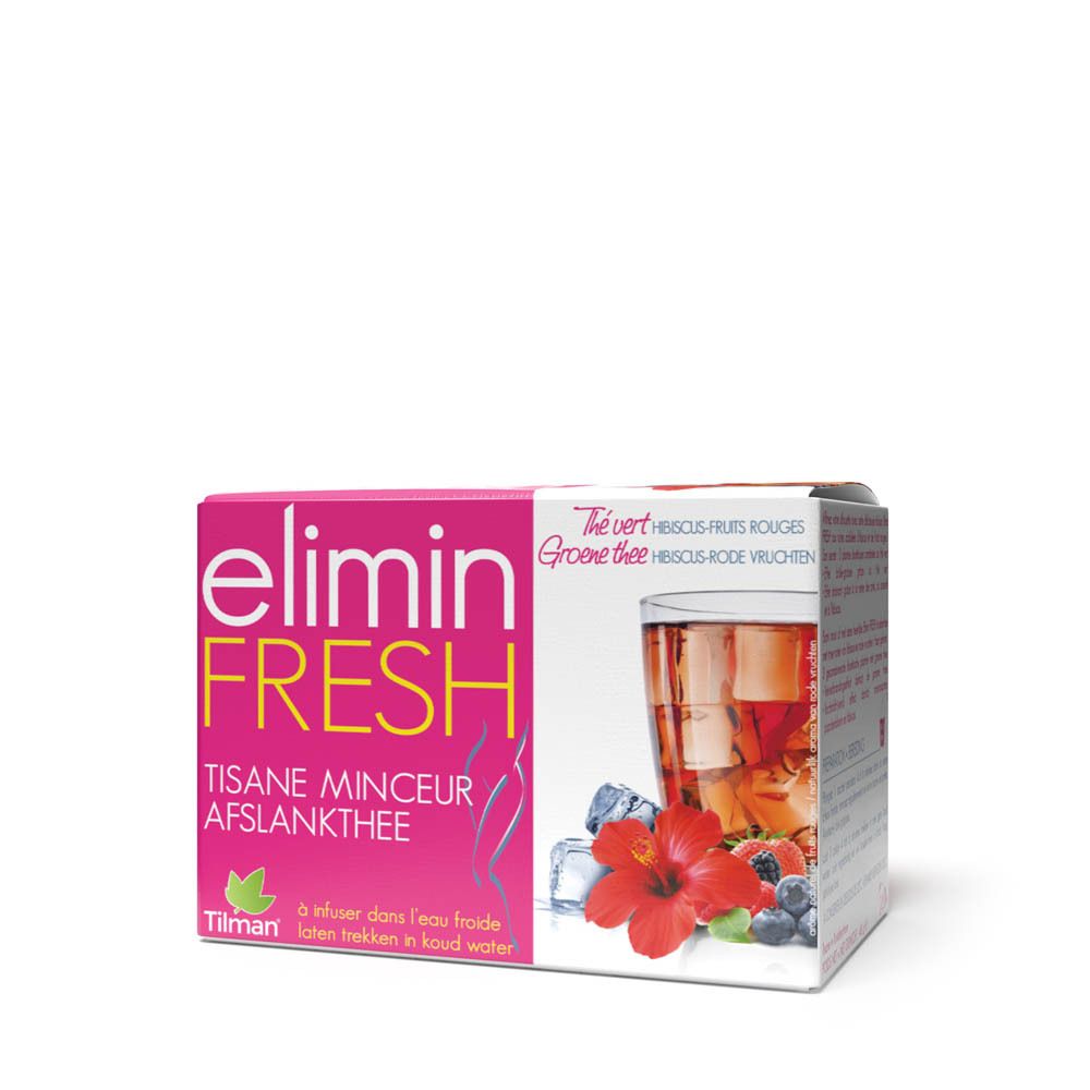 Boîte rose avec logo "elimin FRESH". Contient du thé avec hibiscus et fruits rouges. Image d'une boisson avec glaçons et fleurs.