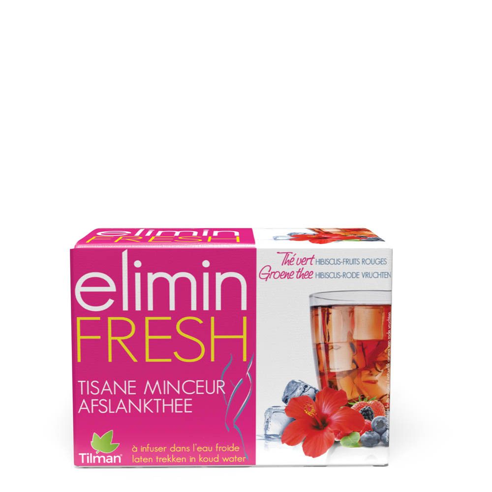 Boîte rose avec logo "elimin FRESH". Contient du thé avec hibiscus et fruits rouges. Image d'une boisson avec glaçons et fleurs.