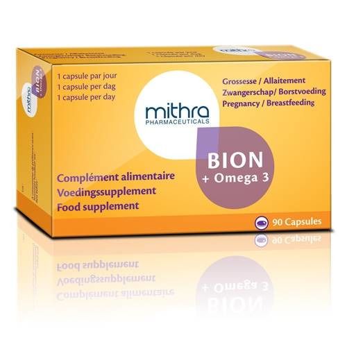 Boîte Mithra Bion + Omega 3. Inscription : "Complément alimentaire", "Food supplement". 90 gélules.