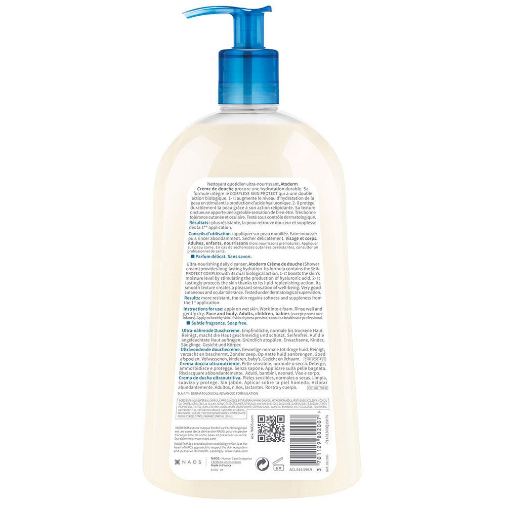 Dos du flacon BIODERMA Atoderm Crème de douche. Texte et code QR. Ingrédients et instructions d'utilisation.
