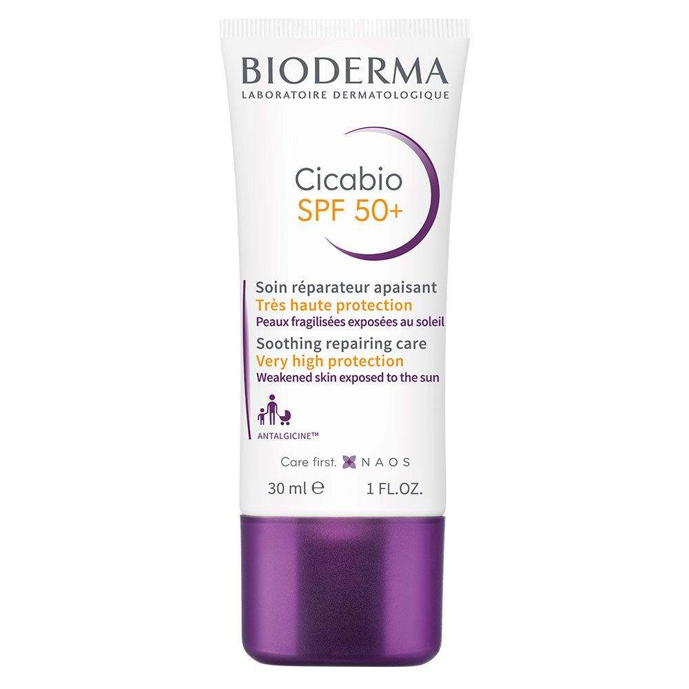 Tube BIODERMA Cicabio SPF 50+. Blanc, accents violets et orange. Texte: Cicabio SPF 50+.