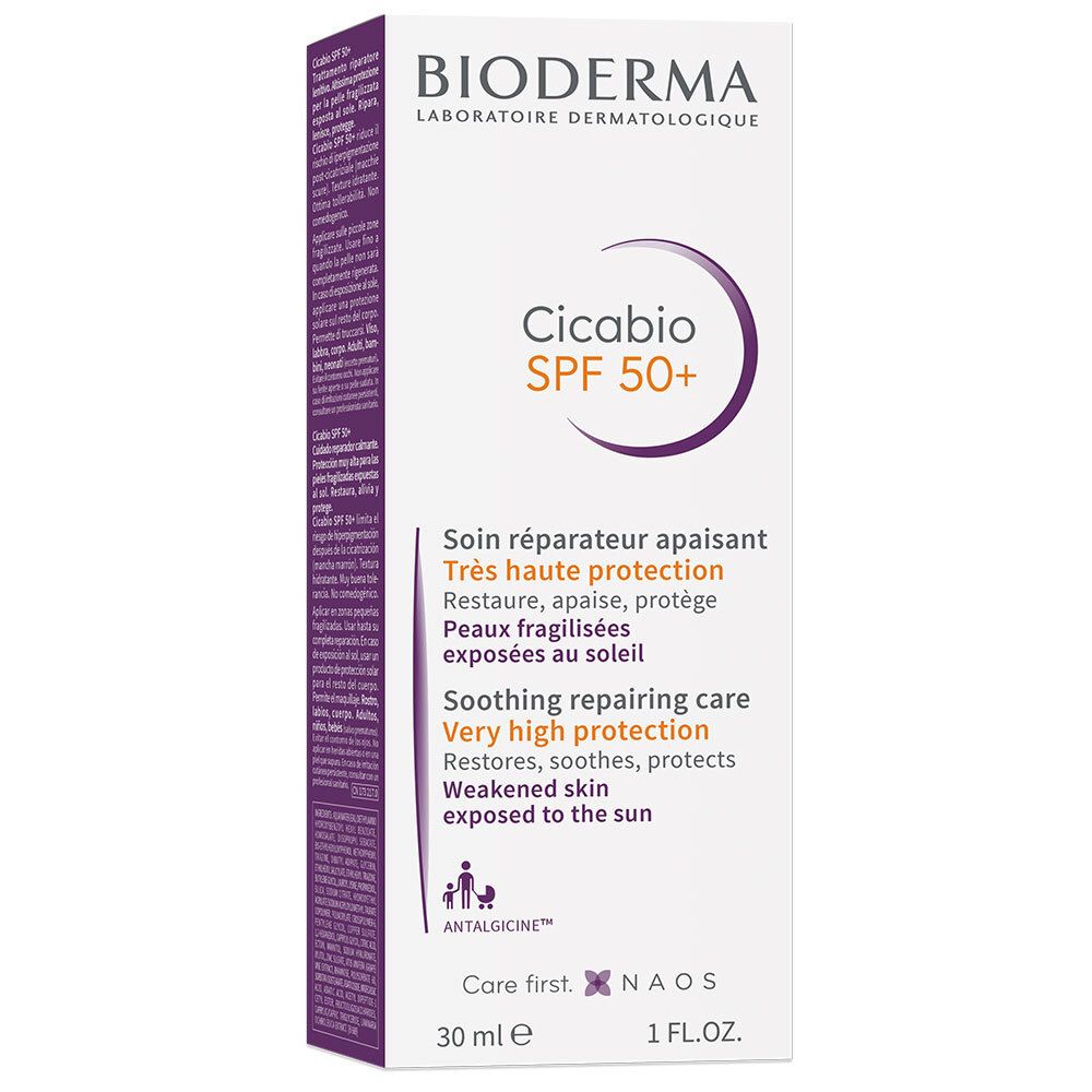 Emballage BIODERMA Cicabio SPF 50+. Blanc avec accents violets. Texte: Cicabio SPF 50+.