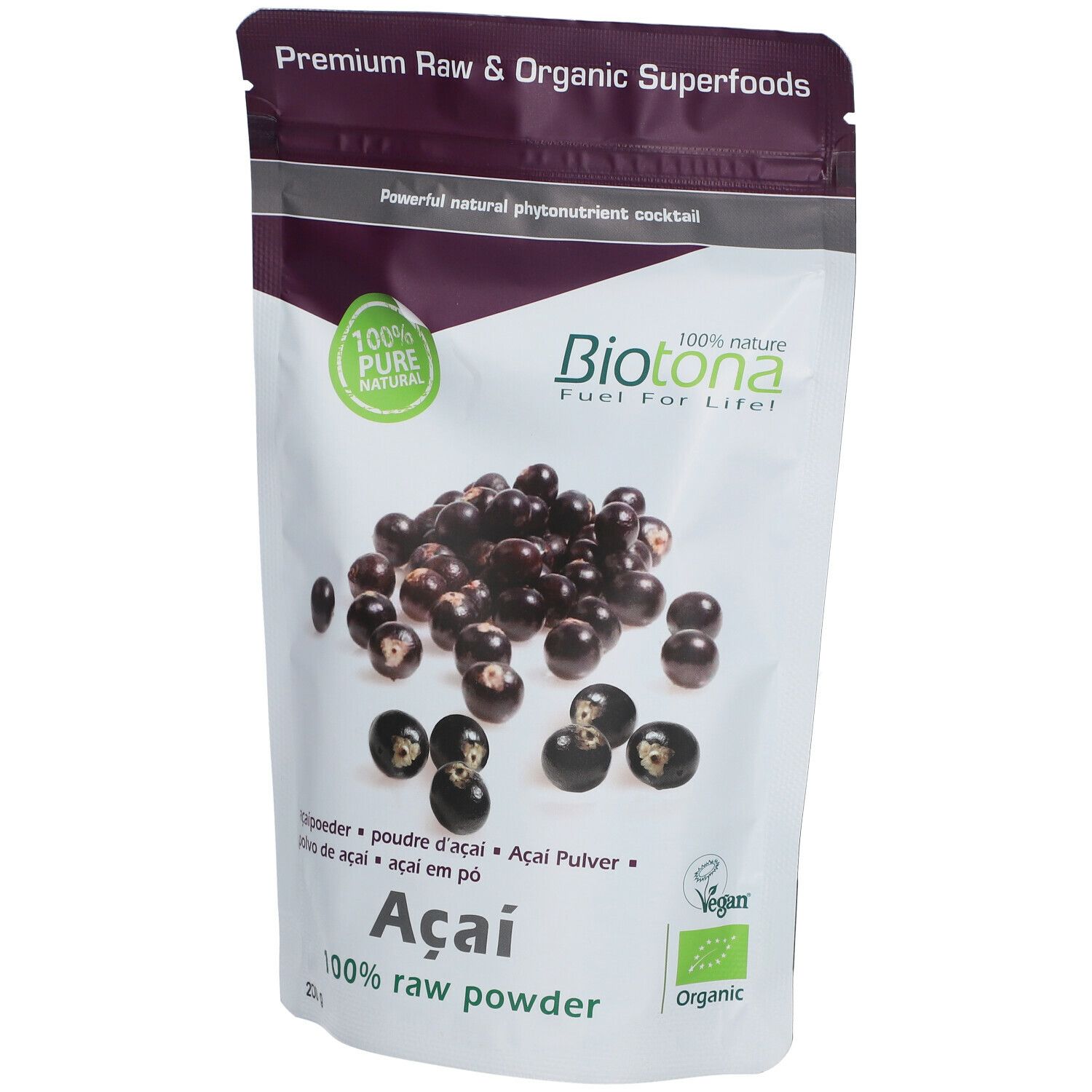 Sachet de poudre d'açaï. Inscriptions: Biotona, Açai, 100% poudre crue, label bio. Illustration de baies d'açaï.