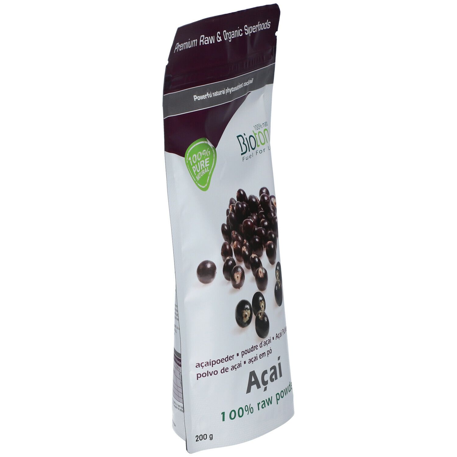 Sachet de poudre d'açaï en biais. Inscriptions: Biotona, Açai, 100% poudre crue, label bio. 200g.